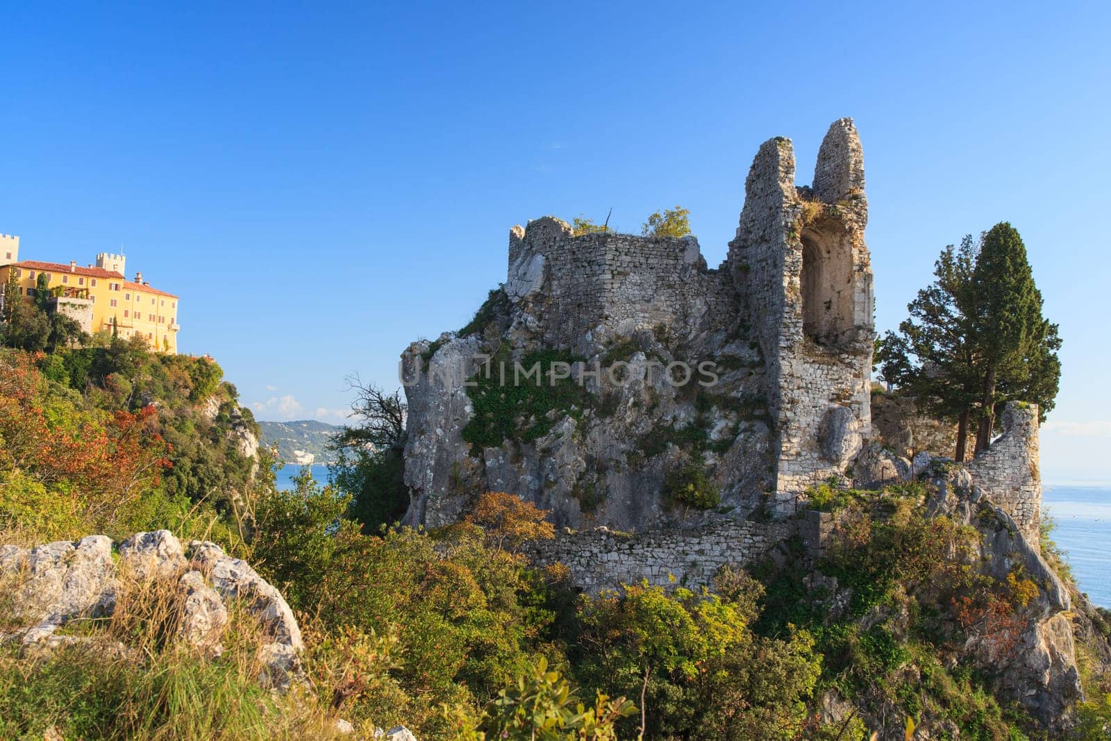 View of old and new castle in Duino, Italy