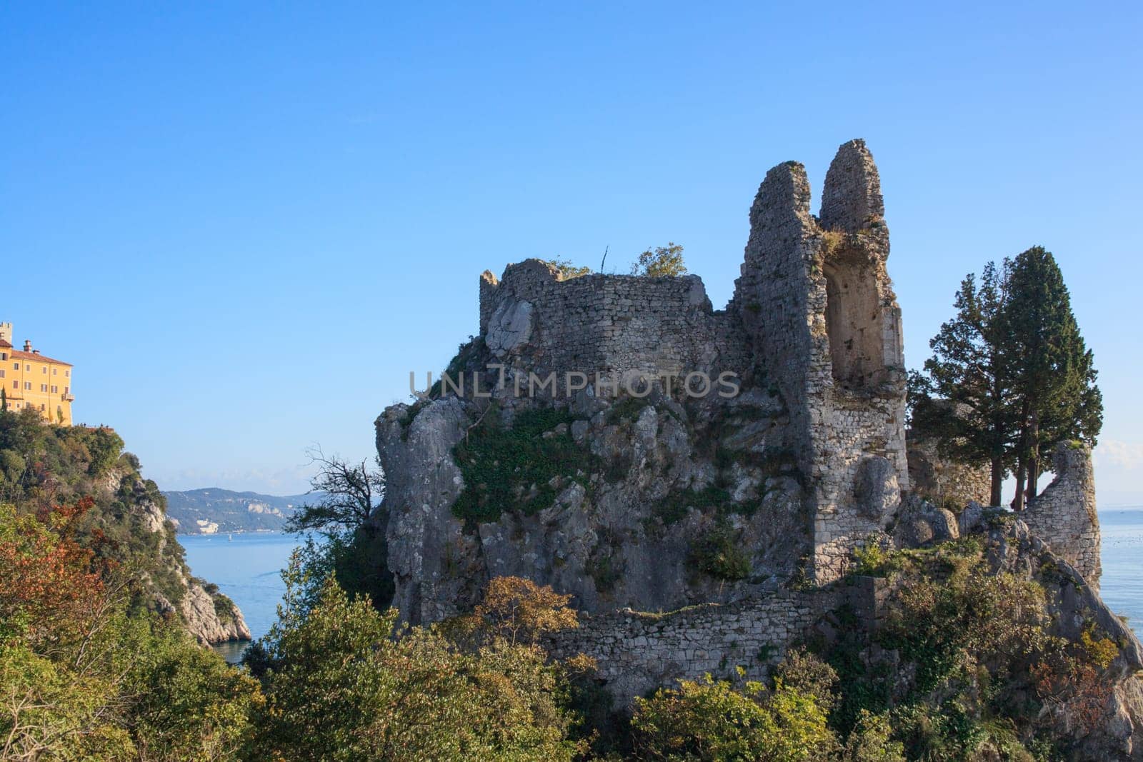 View of old and new castle in Duino, Italy
