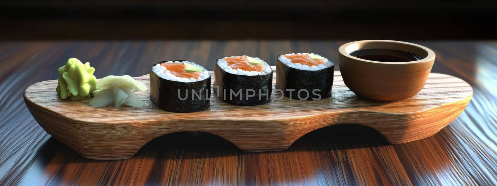 Fresh sushi rolls with ginger falling on a wooden plate, Generative AI, food