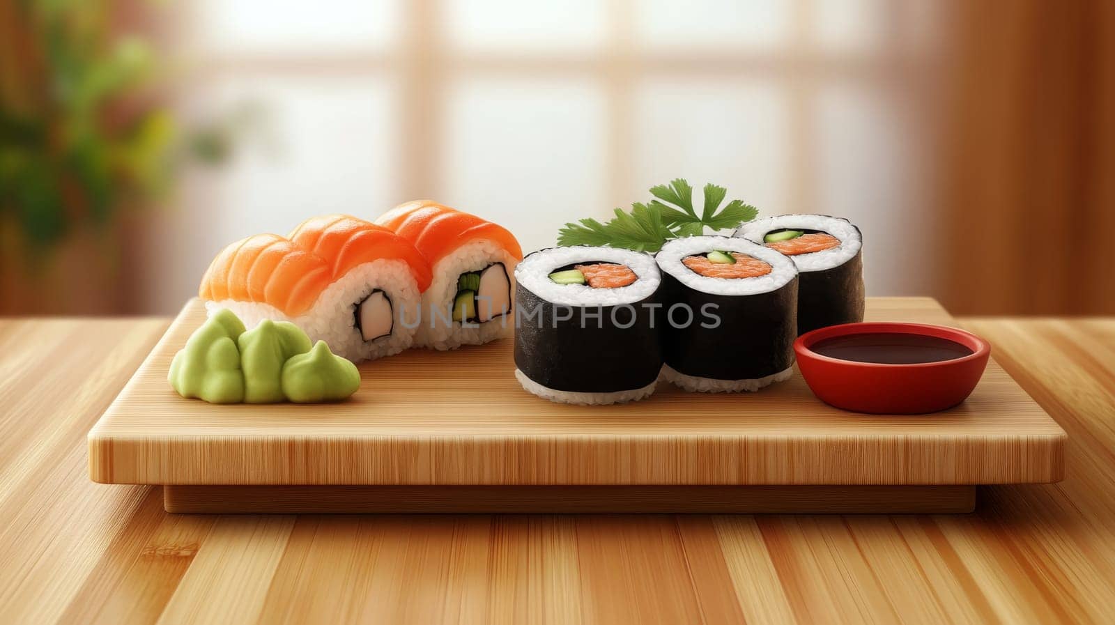 Fresh sushi rolls with ginger falling on a wooden plate, Generative AI, food