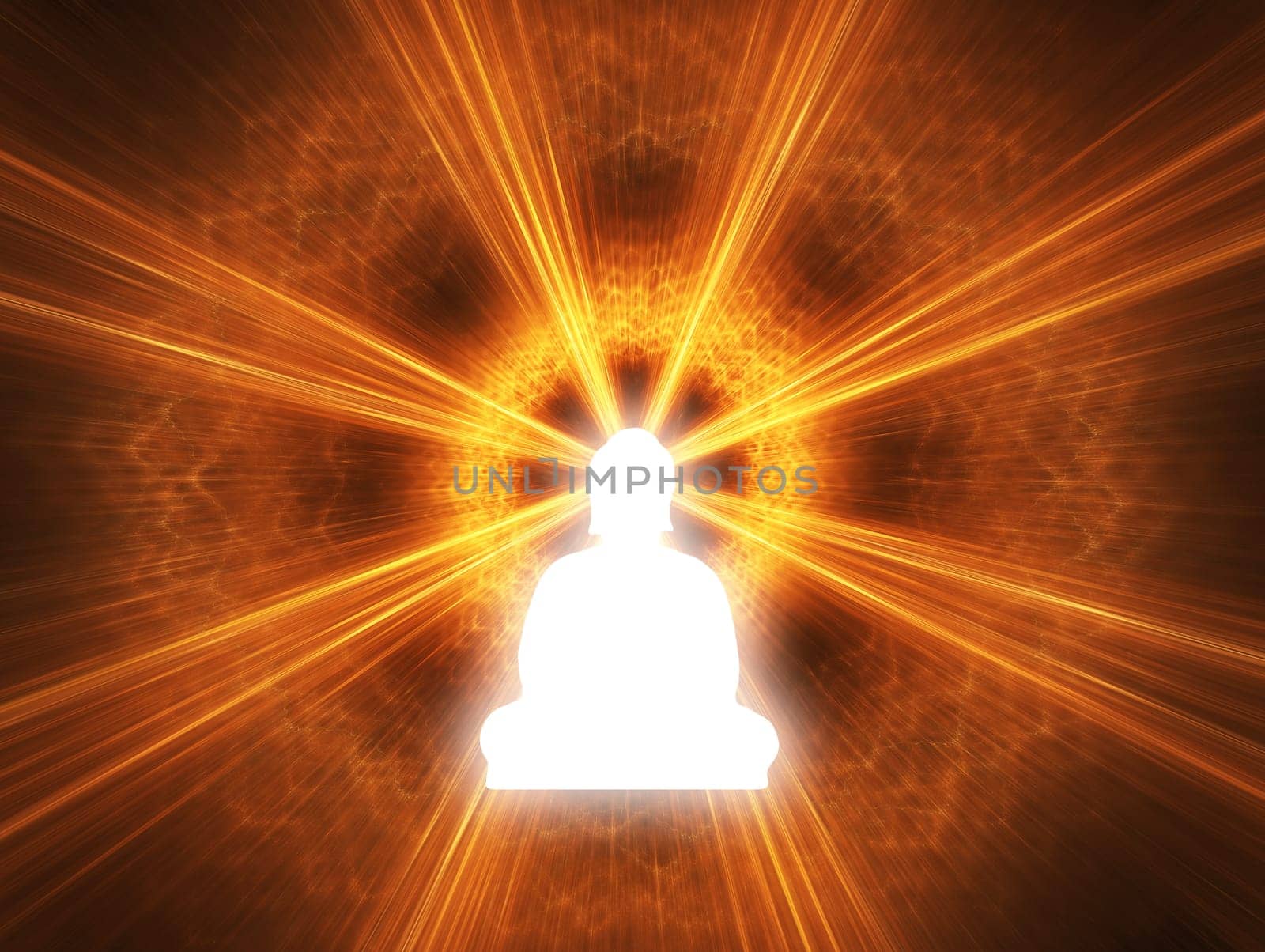 Silhouette of a Buddha with a white glow. Digitally Generated Image.