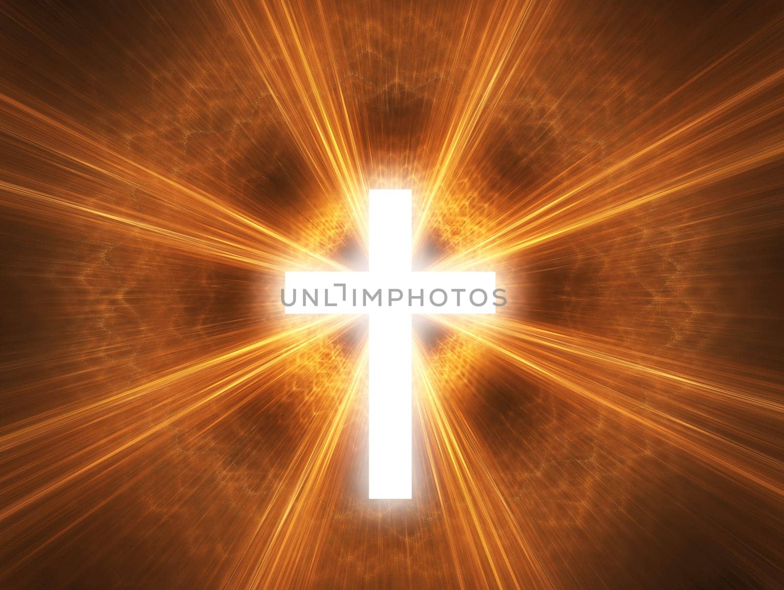 Glowing cross, with radial rays of light.
