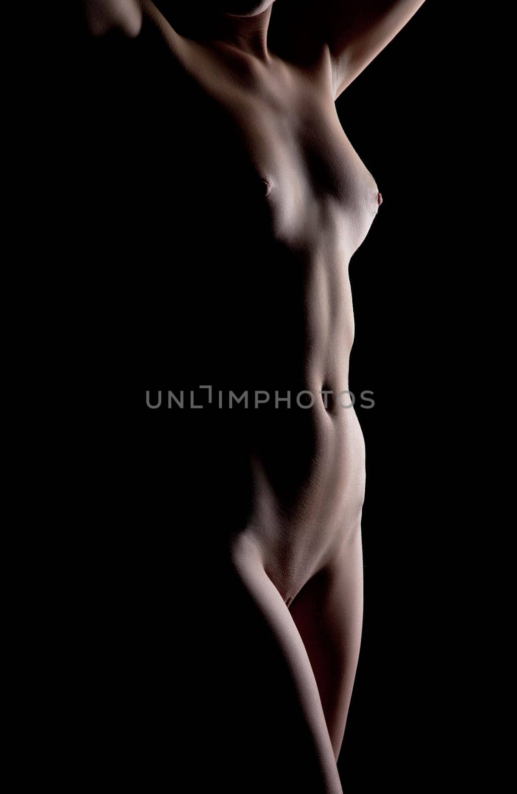 Erotic contour of beautiful nude woman on black background