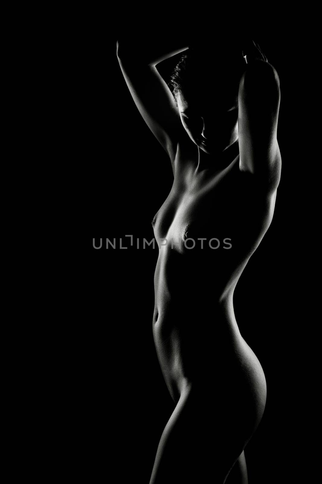 Erotic contour of beautiful nude woman on black background