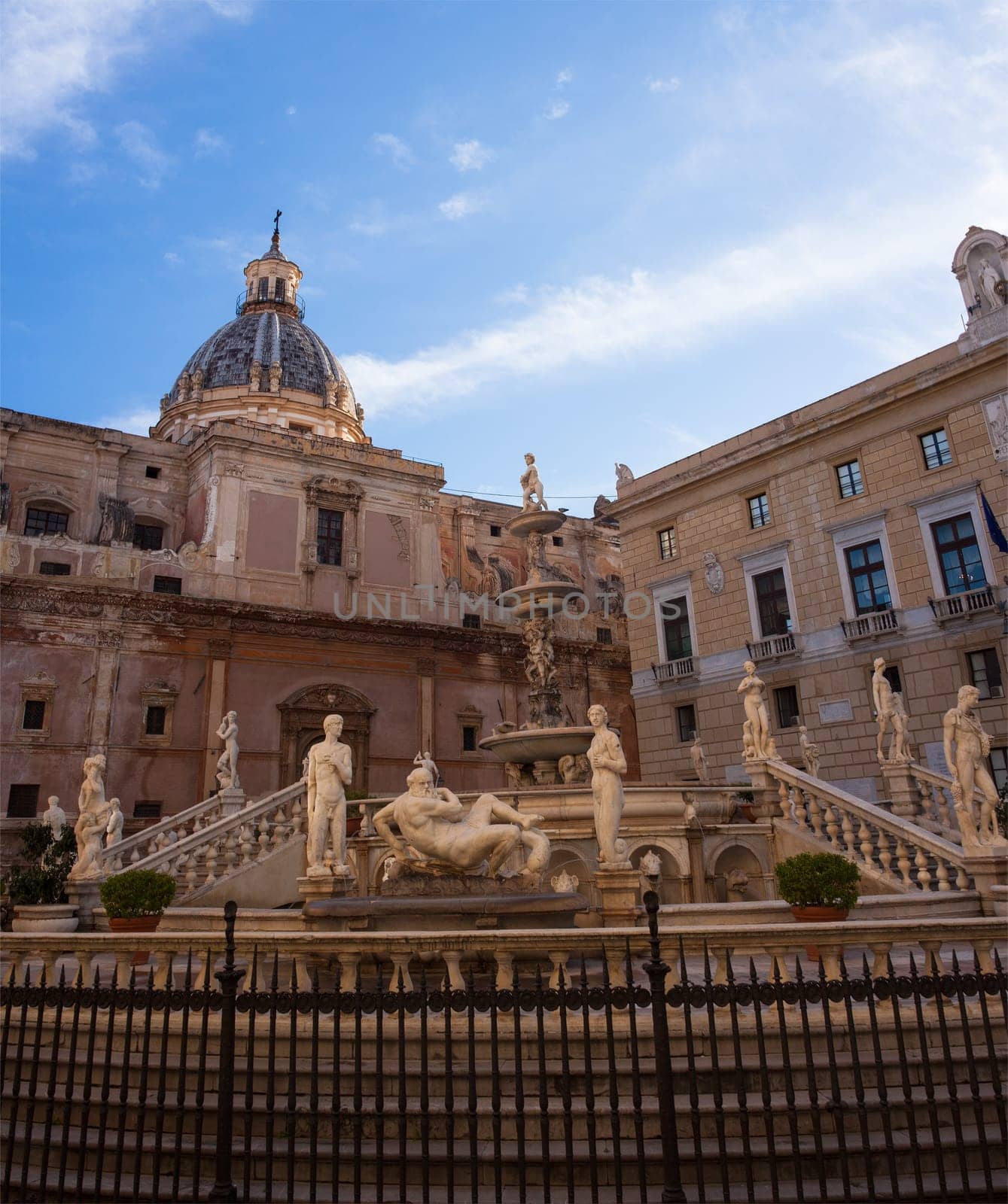 View of Fontana delle Vergogne in Piazza Pretoria in Palermo, Italy