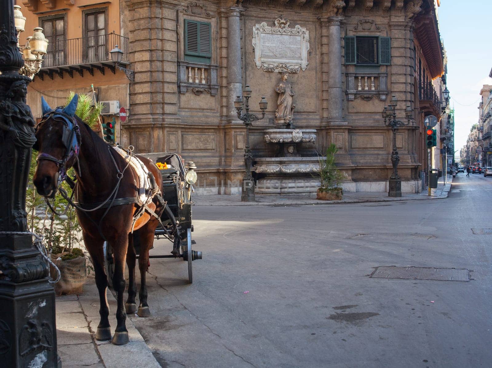 Buggy in the Quattro Canti in the Baroque square in Palermo, Italy