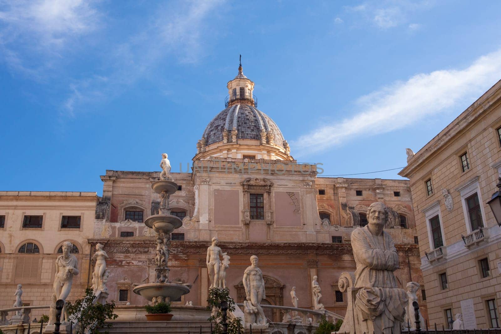 View of Fontana delle Vergogne in Piazza Pretoria in Palermo, Italy