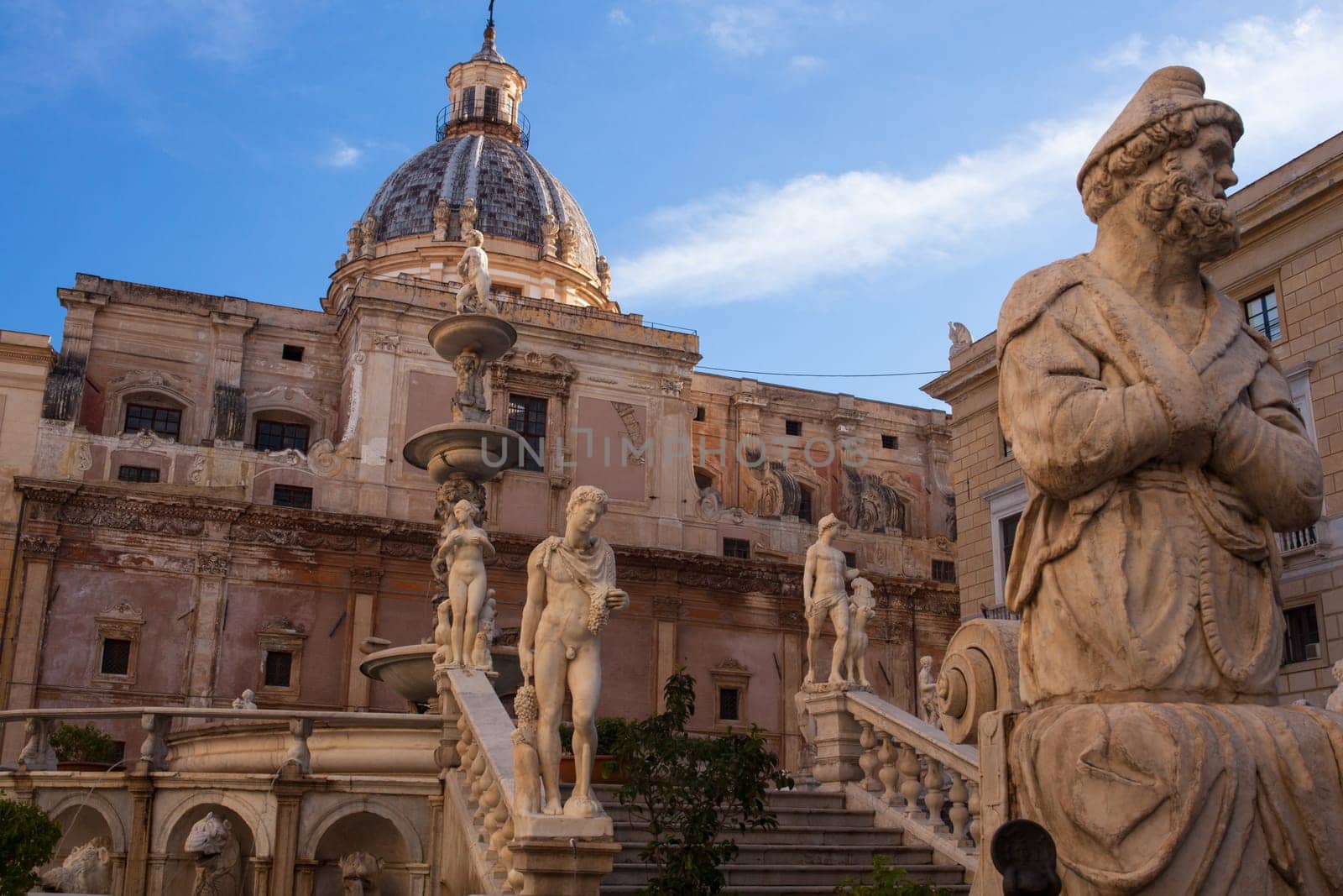 View of Fontana delle Vergogne in Piazza Pretoria in Palermo, Italy