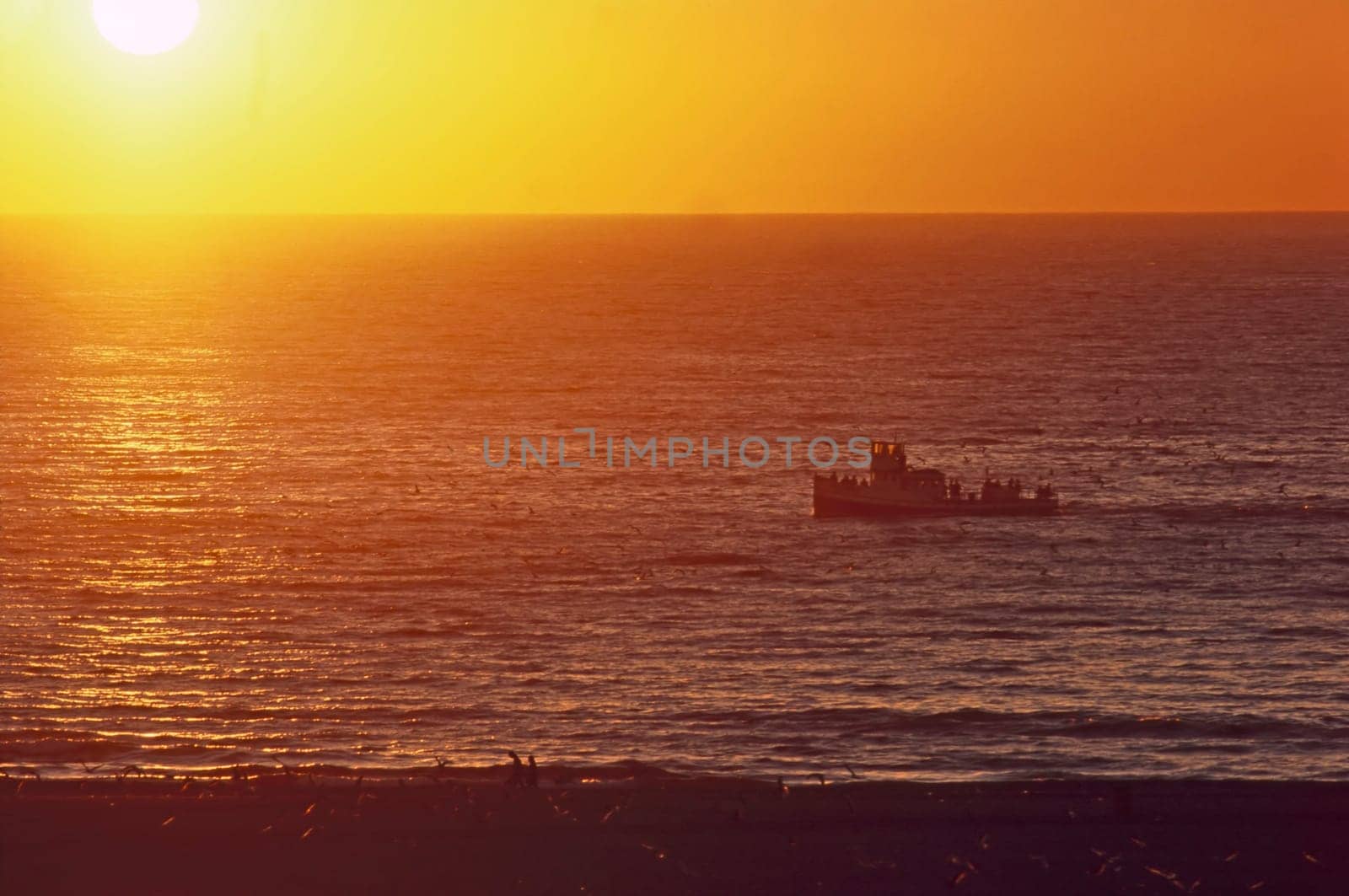 Pacific Ocean at sunset with boat