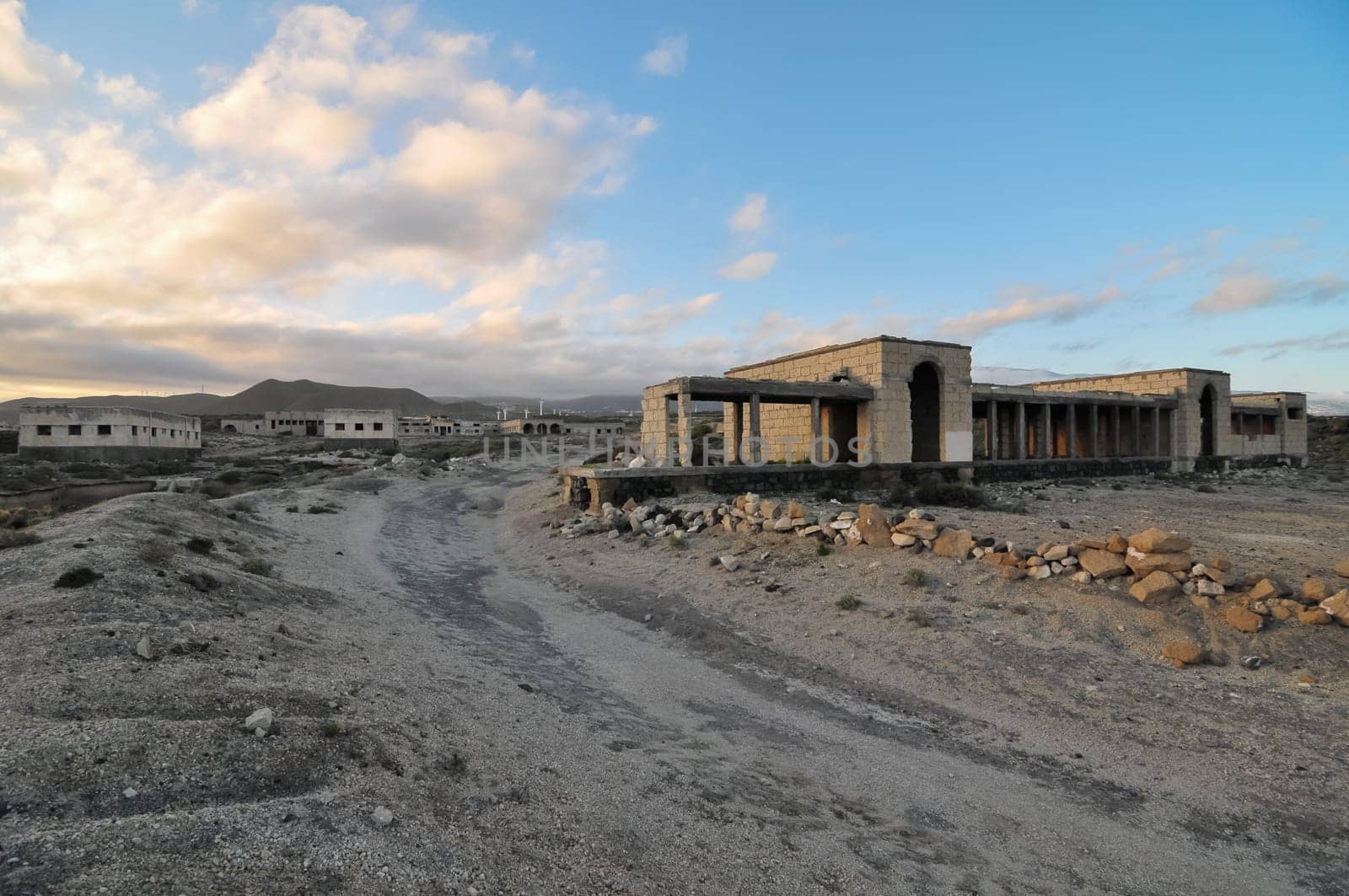 Abandoned Buildings of a Military Base at Sunset