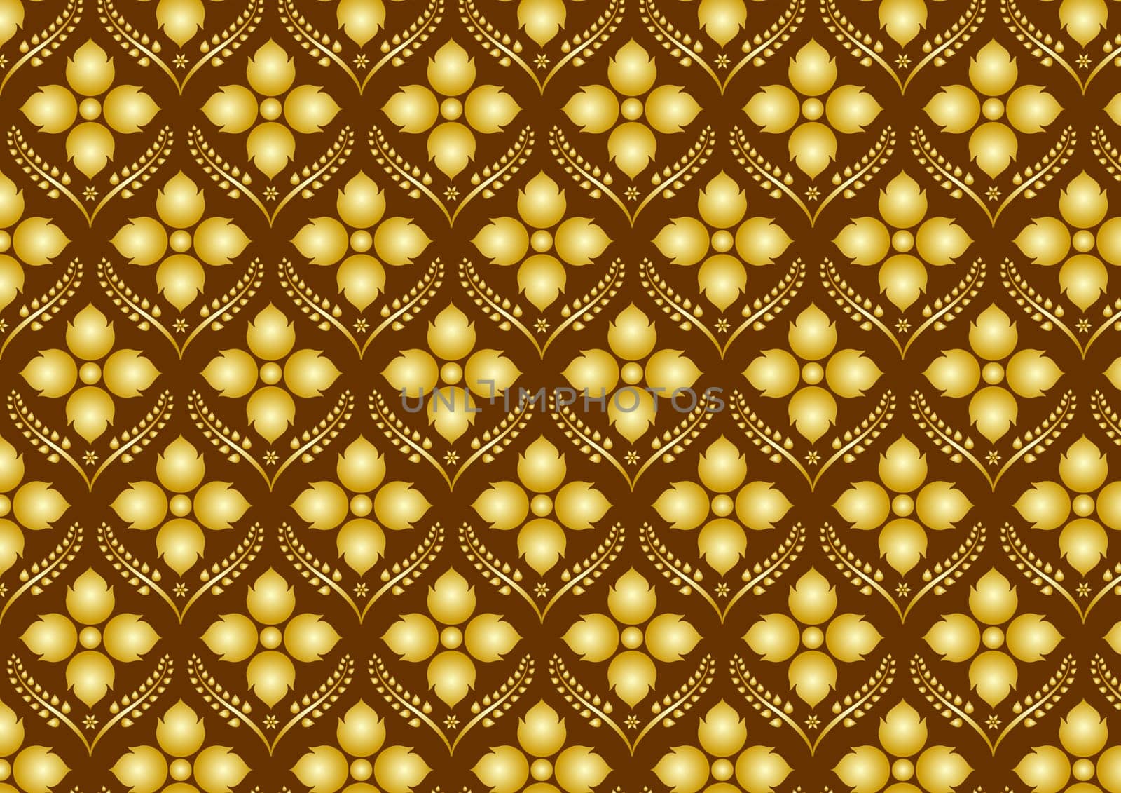 Gold Thai flower and 2 crops pattern on brown background. Thai pattern style