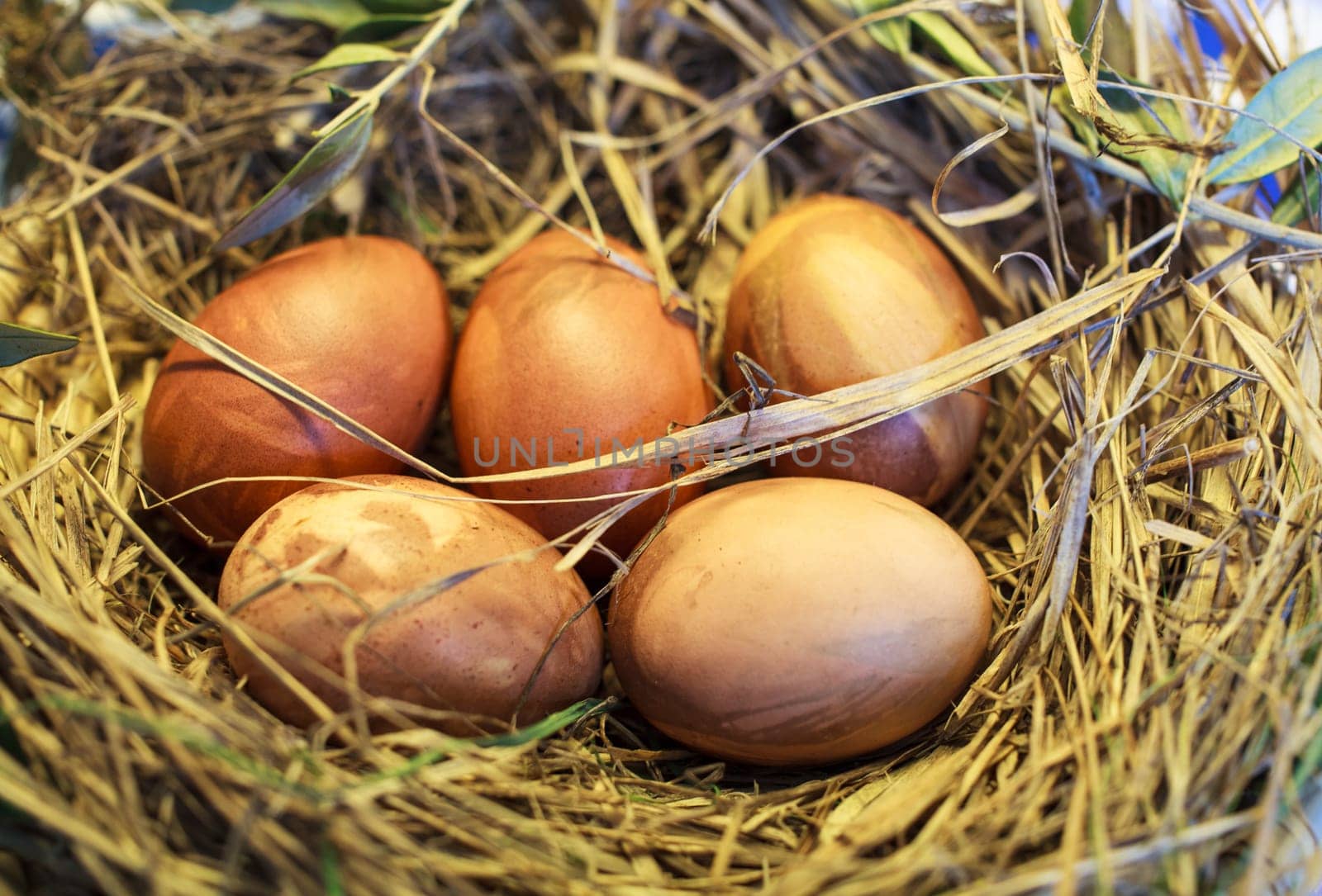 Close up of eggs inside the easter basket