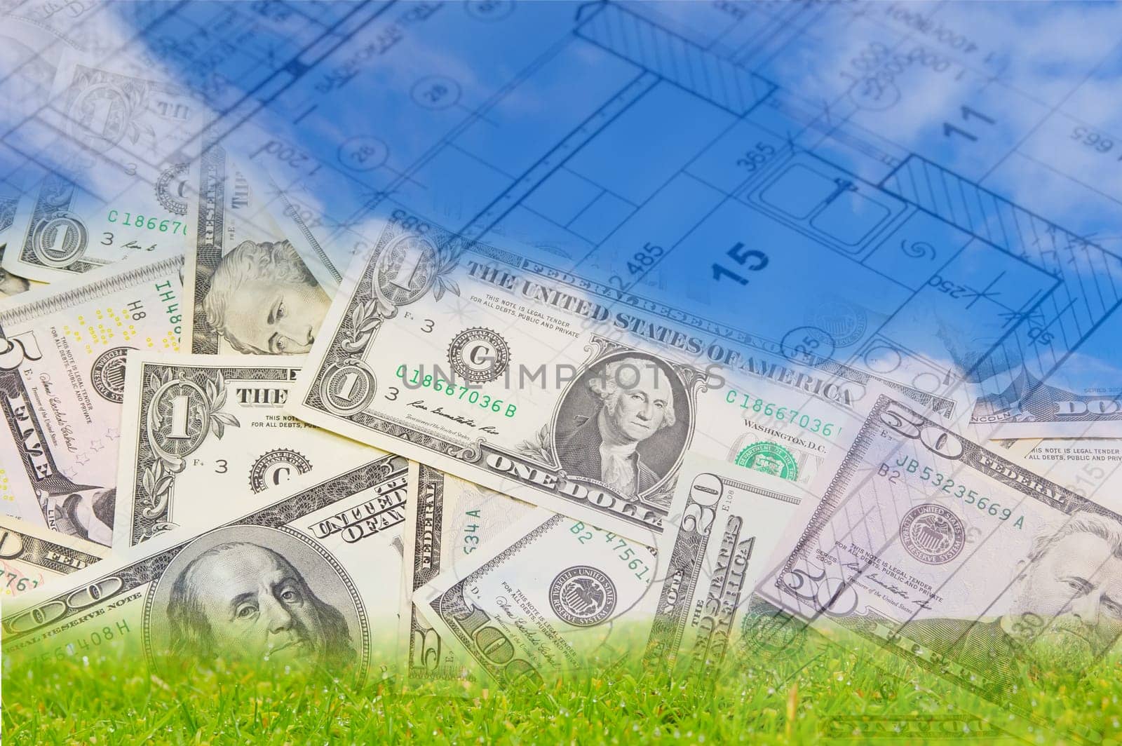 Background with blue sky, green land, blueprint of a house interior and US dollars
