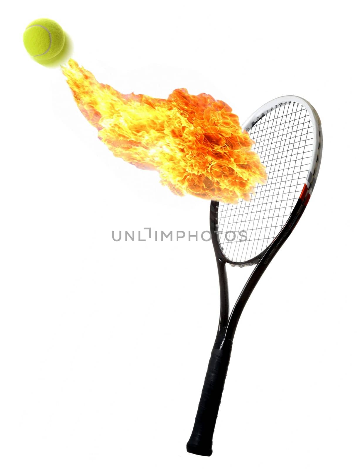 Tennis racket and ball with a trail of flames