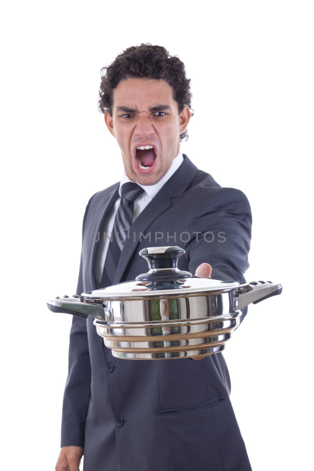 adult man yelling and looking at pot for cooking with expression
