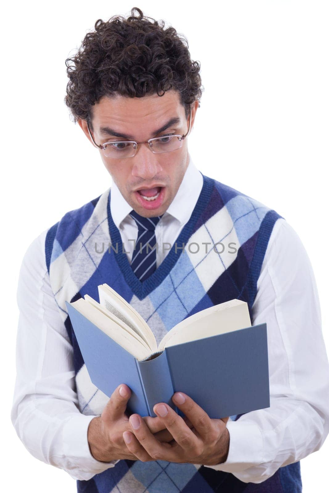 Man with glasses shocked by the book