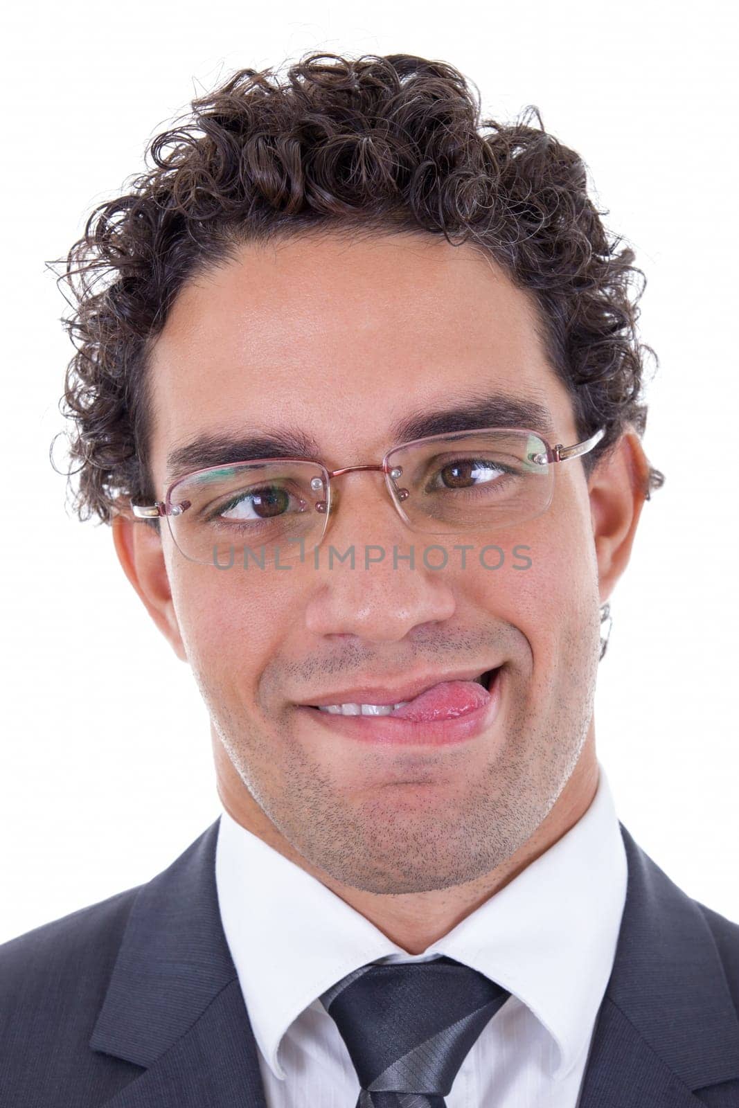crazy young businessman with glasses in suit