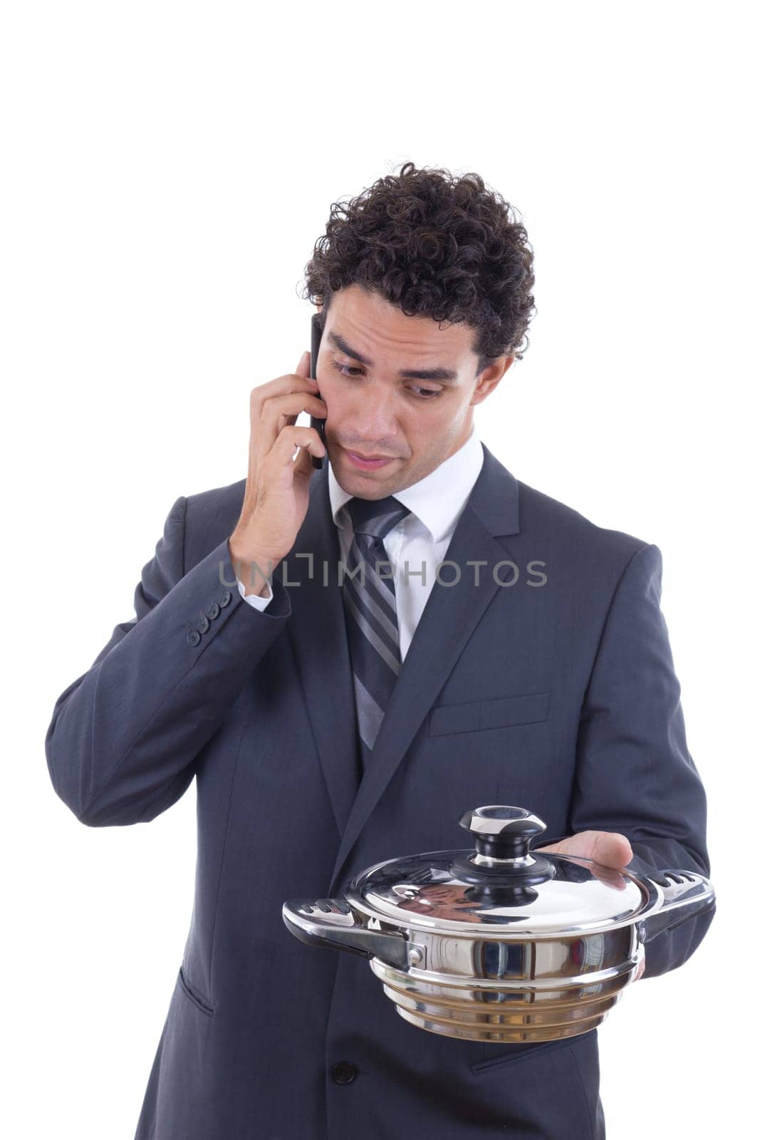 hungry adult man in suit seeks lunch via mobile phone