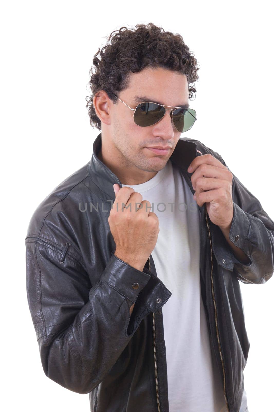 hadsome man in a leather jacket with sunglasses