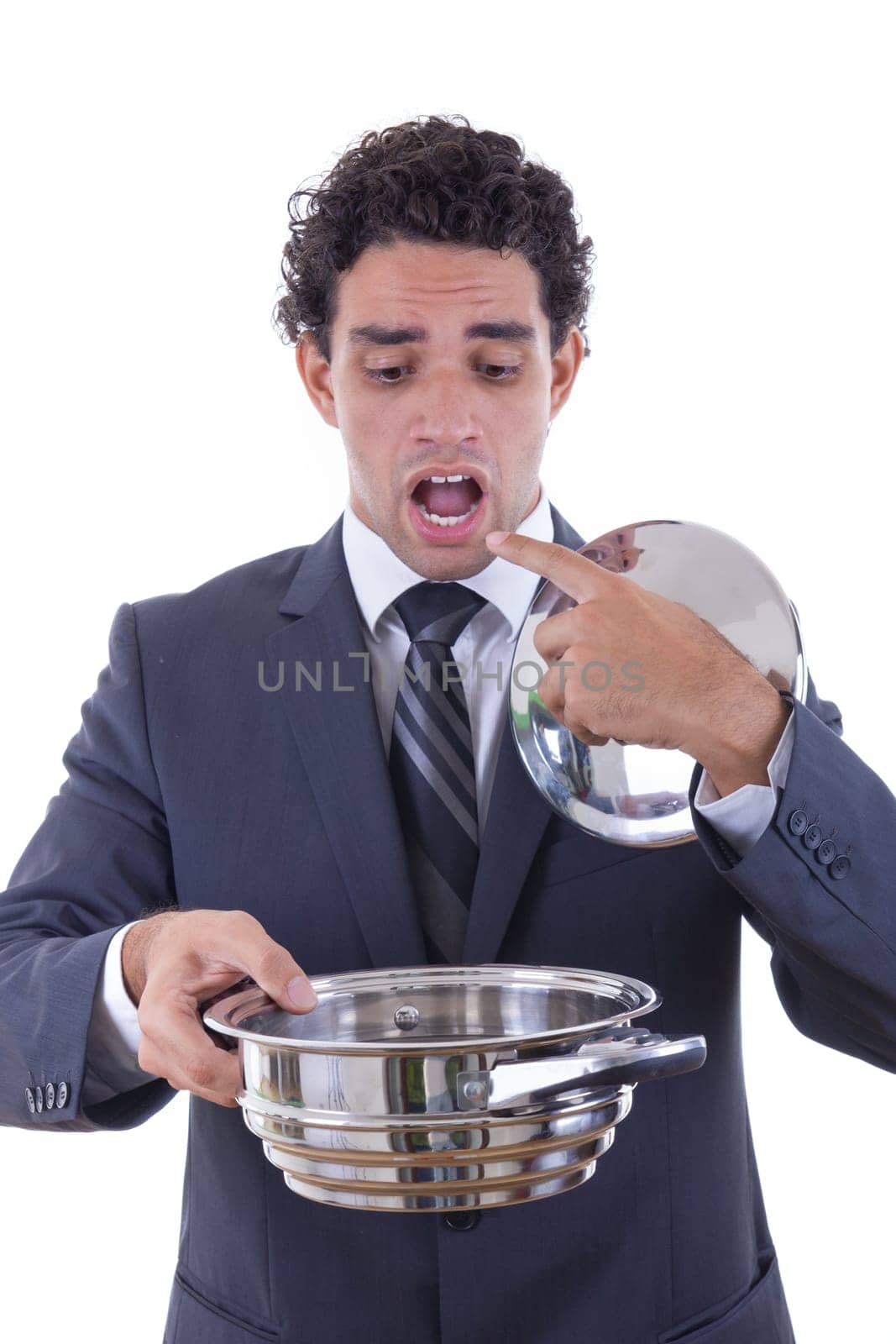 sad man with expression in suit holding cooking pot and asking for lunch