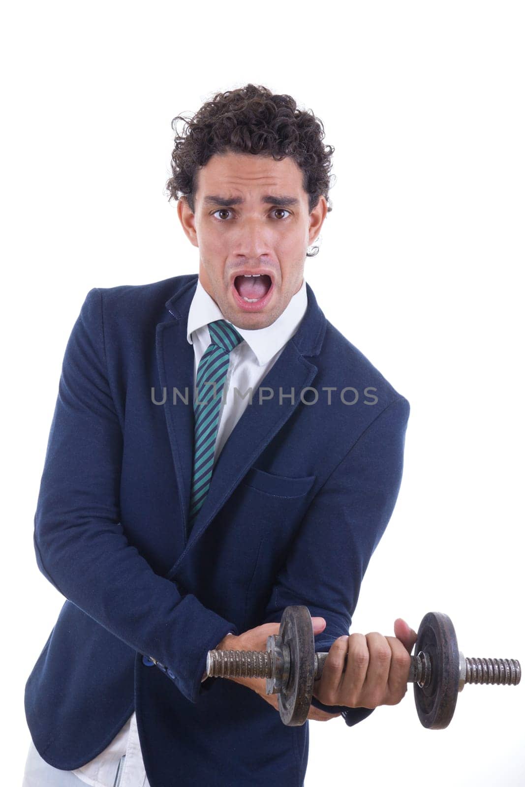 weak man in suit holding a weight