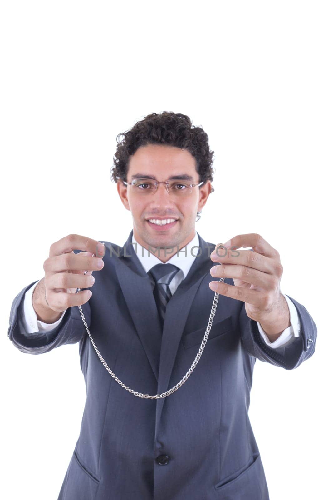 businessman in suit with glasess offers a silver necklace as a gift
