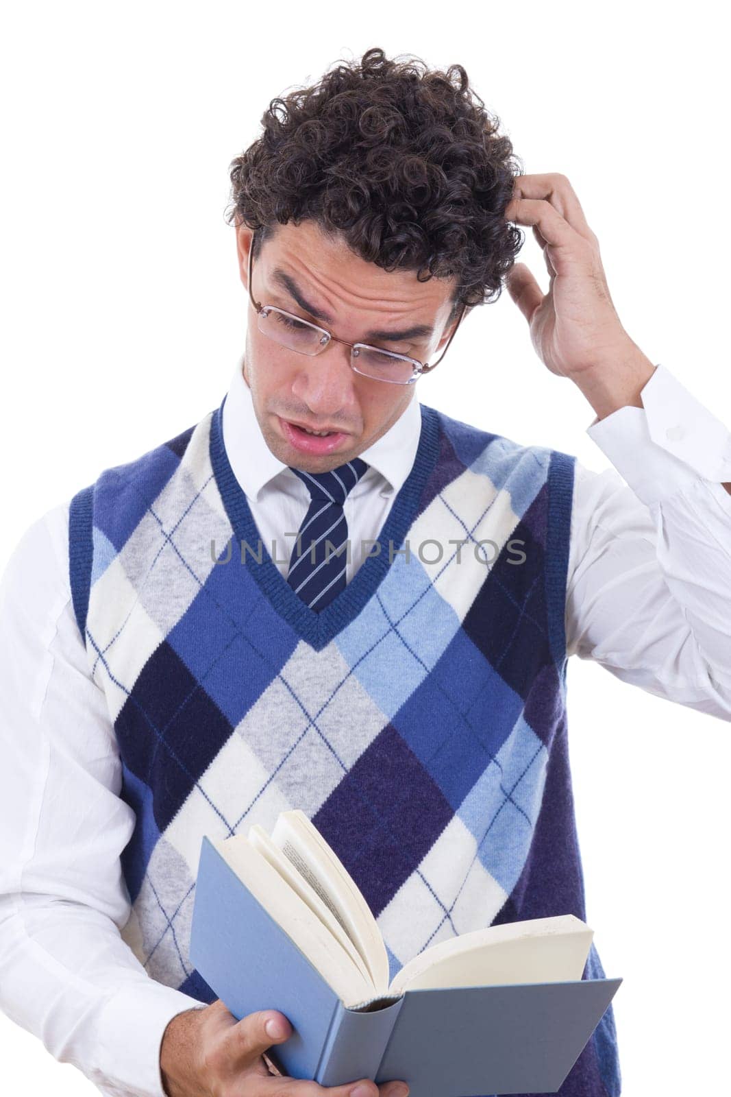 man in vest with glasses surprised by book