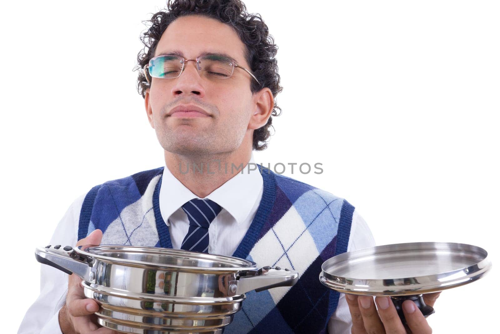 man with glasses smelling delicious lunch from pot