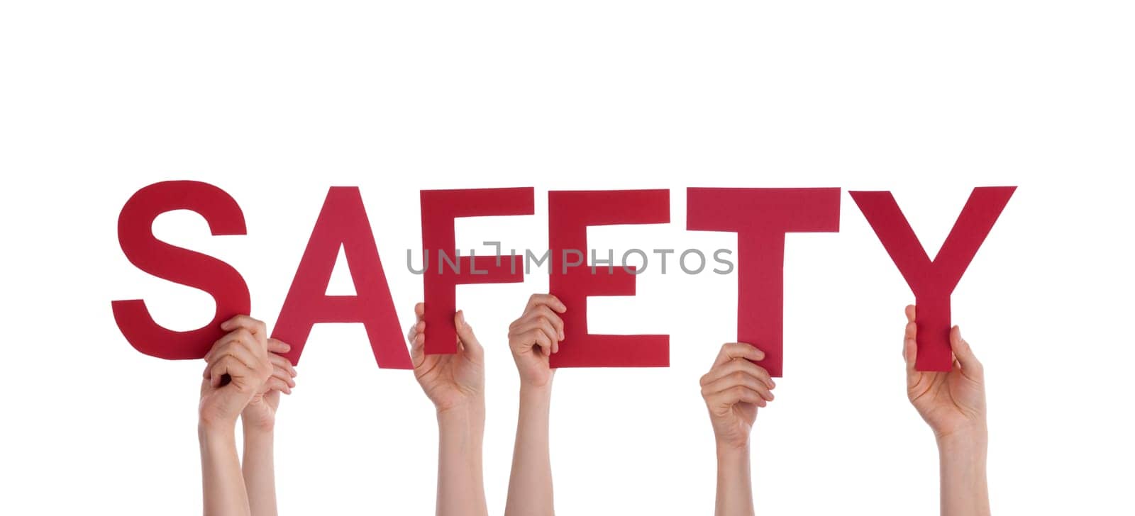 Many People Holding the Red Word Safety, Isolated