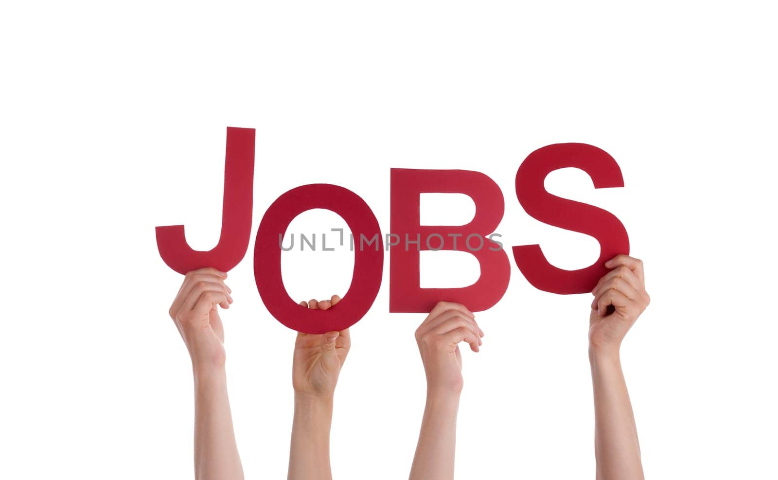 Many Hands Holding the Word Jobs, Isolated