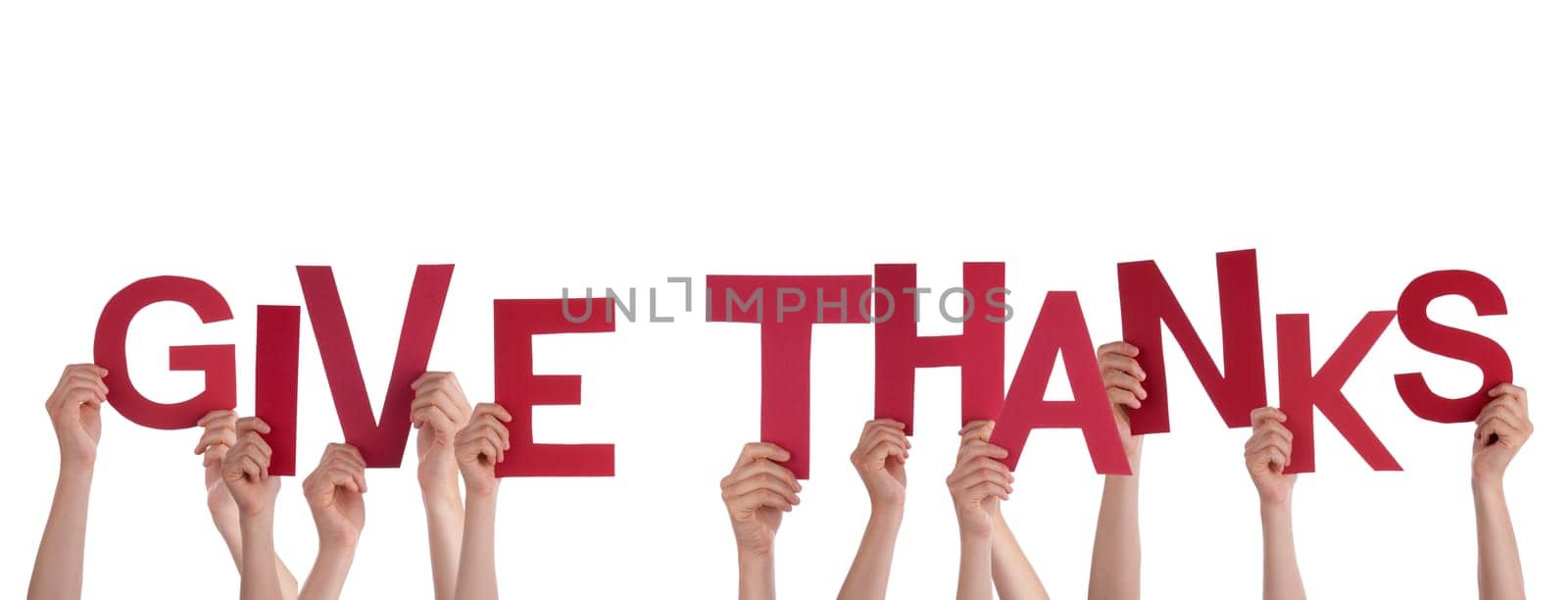 Many Hands Holding the Red Words Give Thanks, Isolated