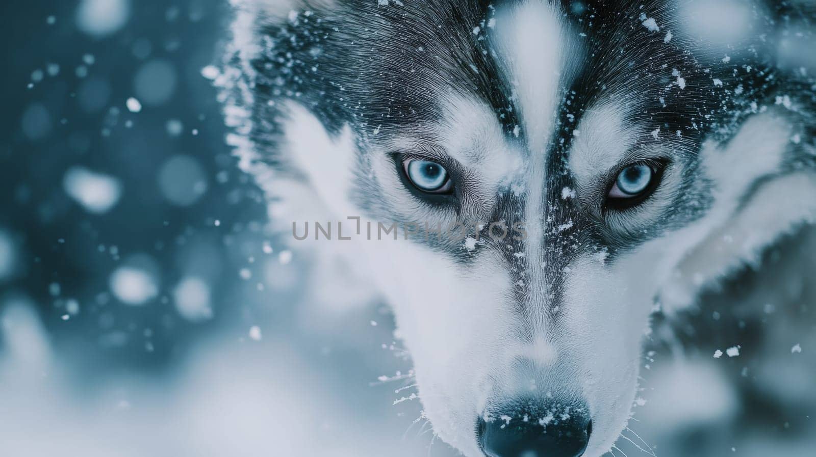 Siberian Husky jumping and running in the snow in a winter field, Generative AI, animals