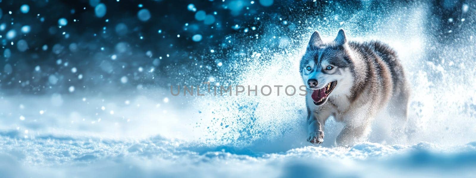 Siberian Husky jumping and running in the snow in a winter field, Generative AI, animals
