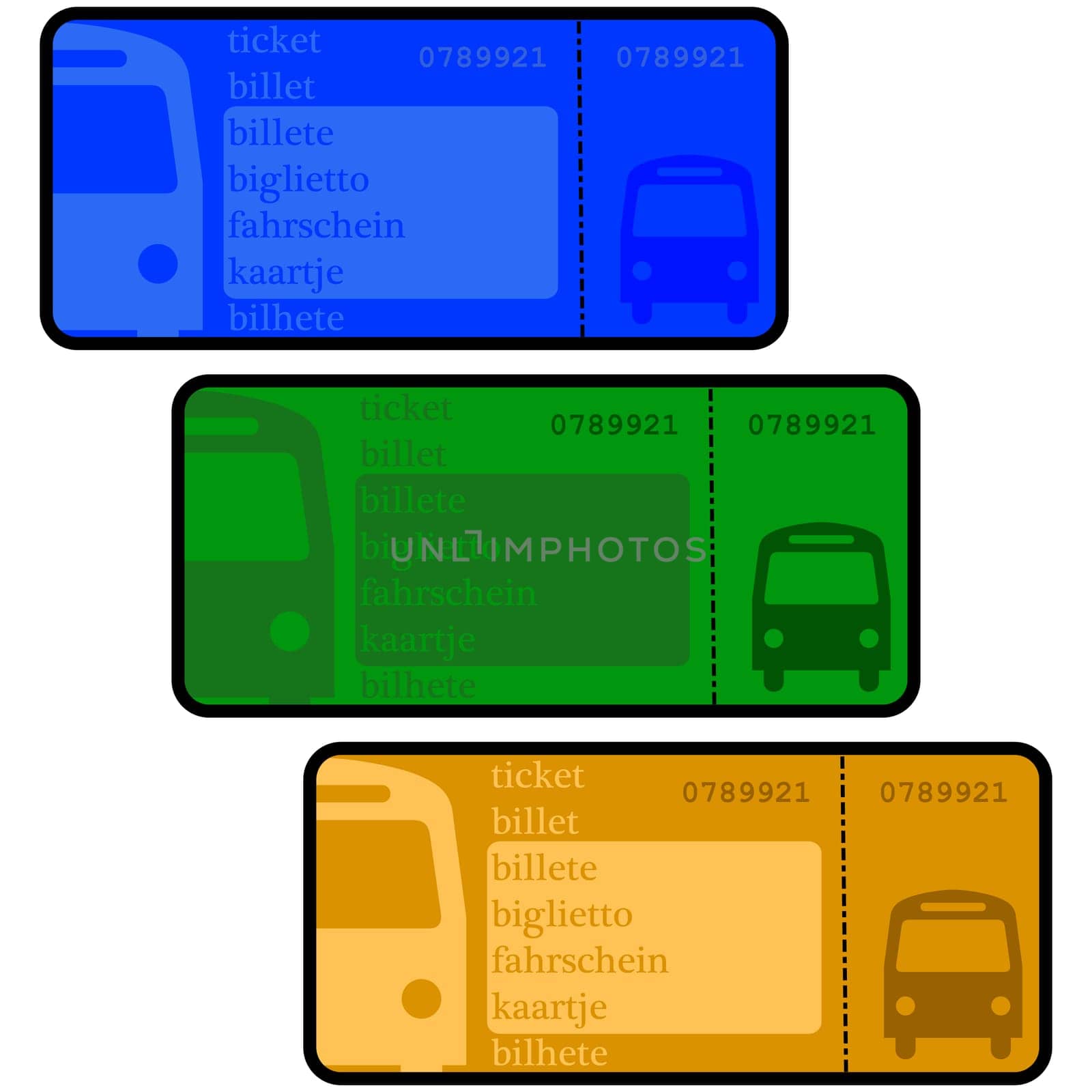 Cartoon illustration showing bus ticket templates in different colors