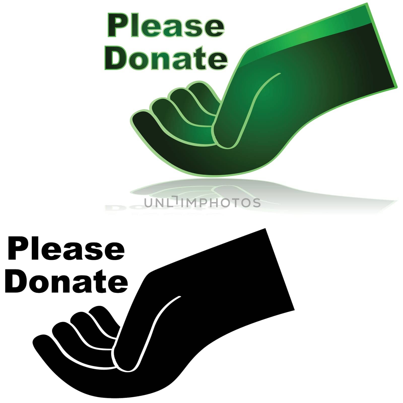 Icon showing an open hand with the words "Please donate"" beside it"