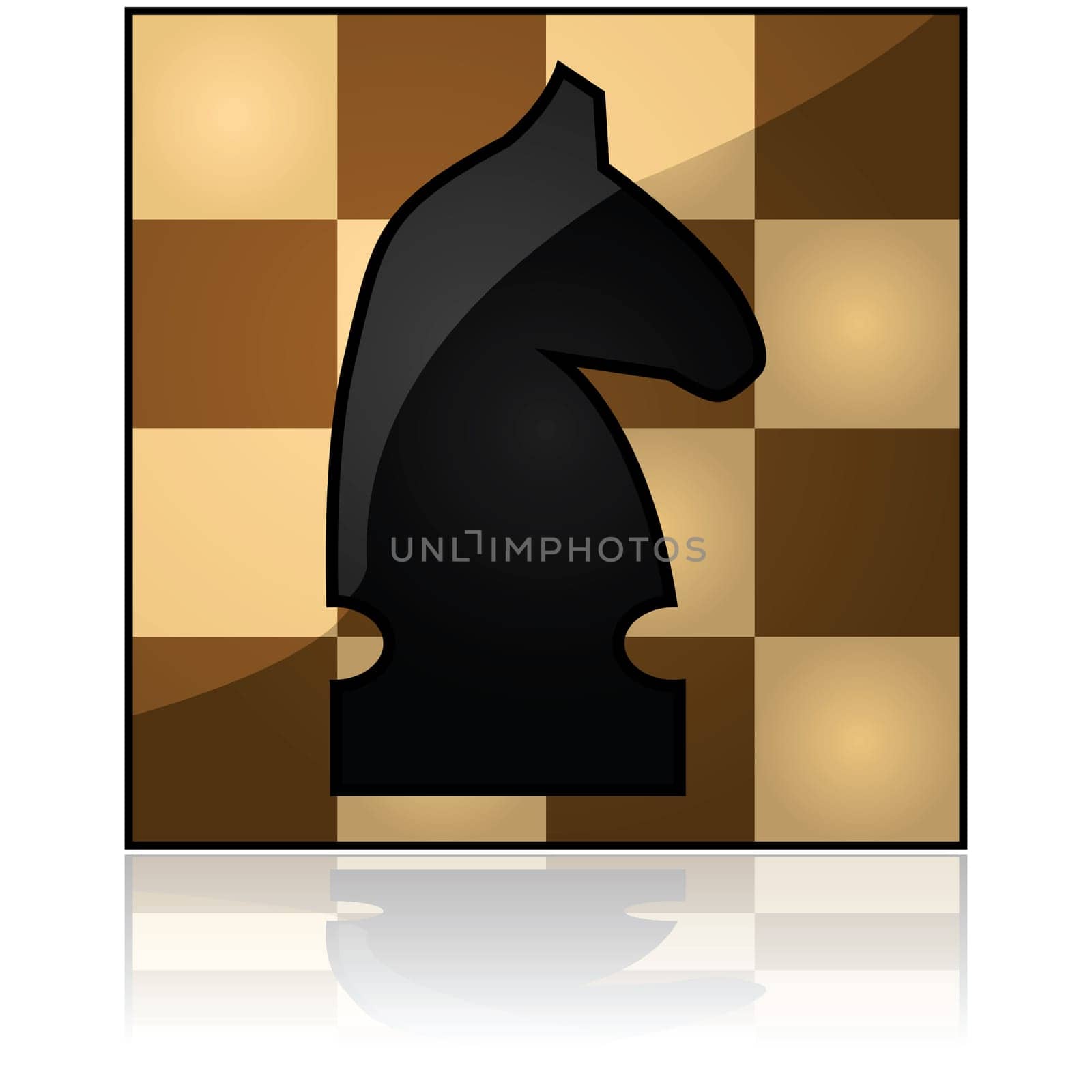 Glossy illustration icon with a chess knight over a wooden chess board