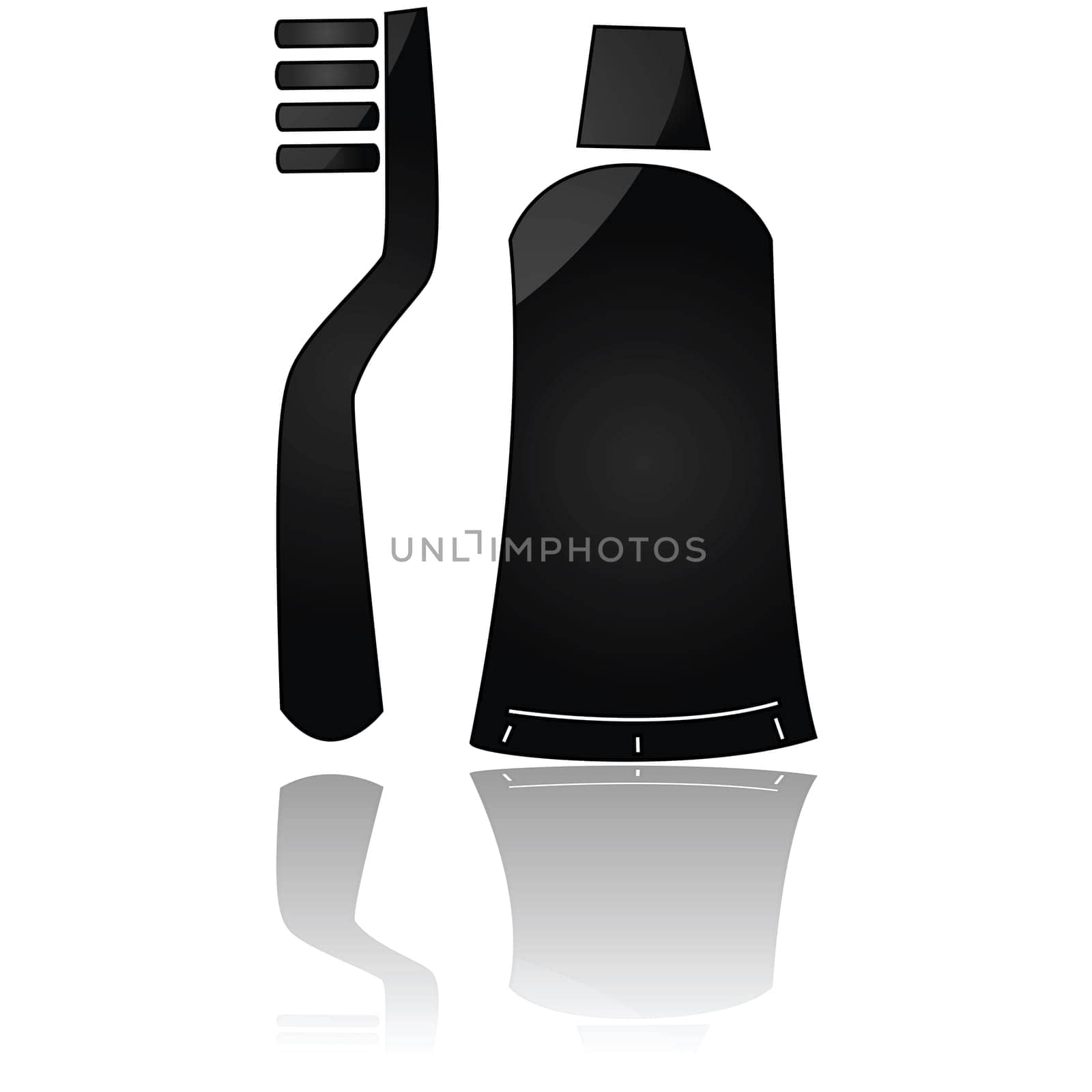 Glossy icon of a toothbrush and toothpaste tube reflected on a white background