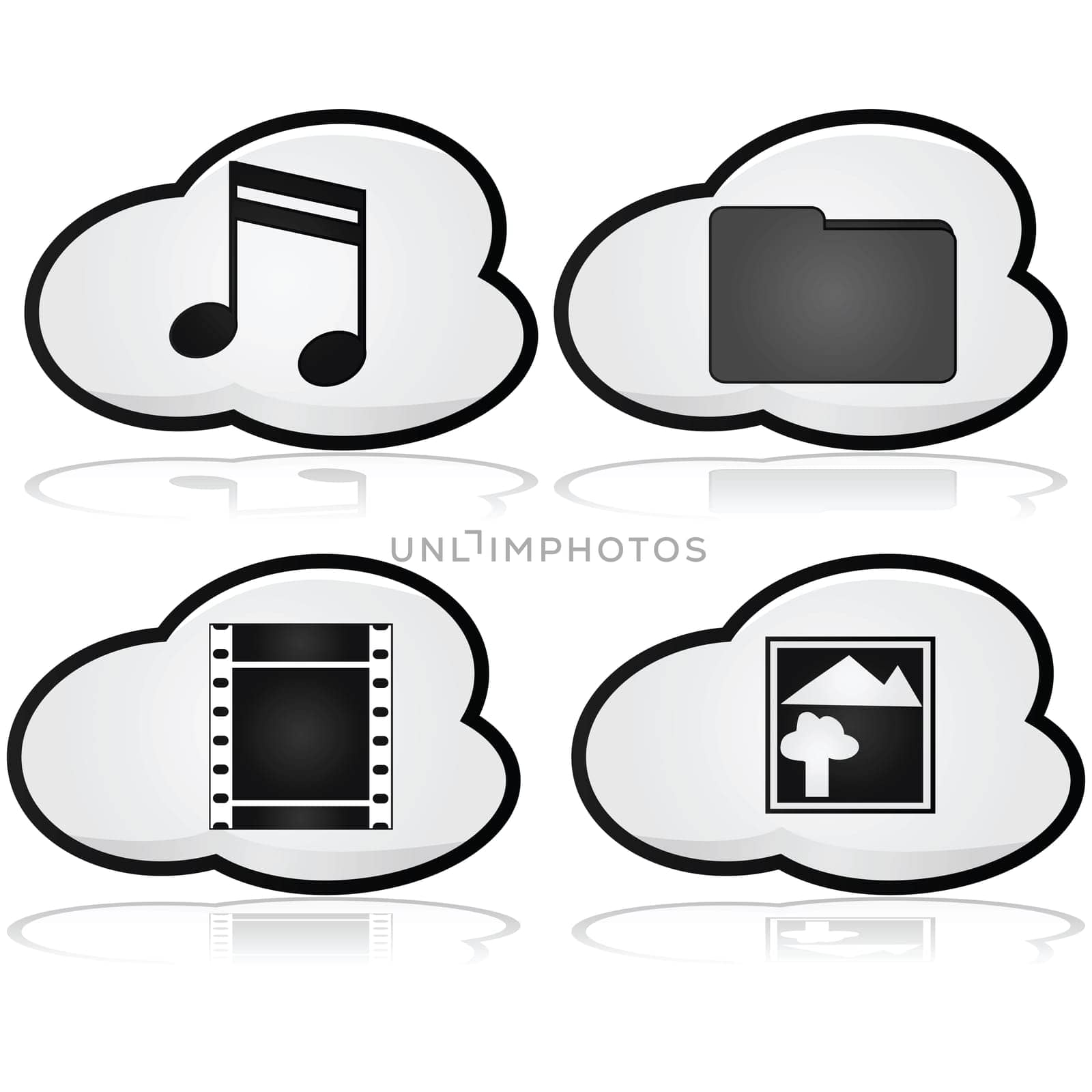 Icons showing a cloud with elements such as music, film, files and pictures inside