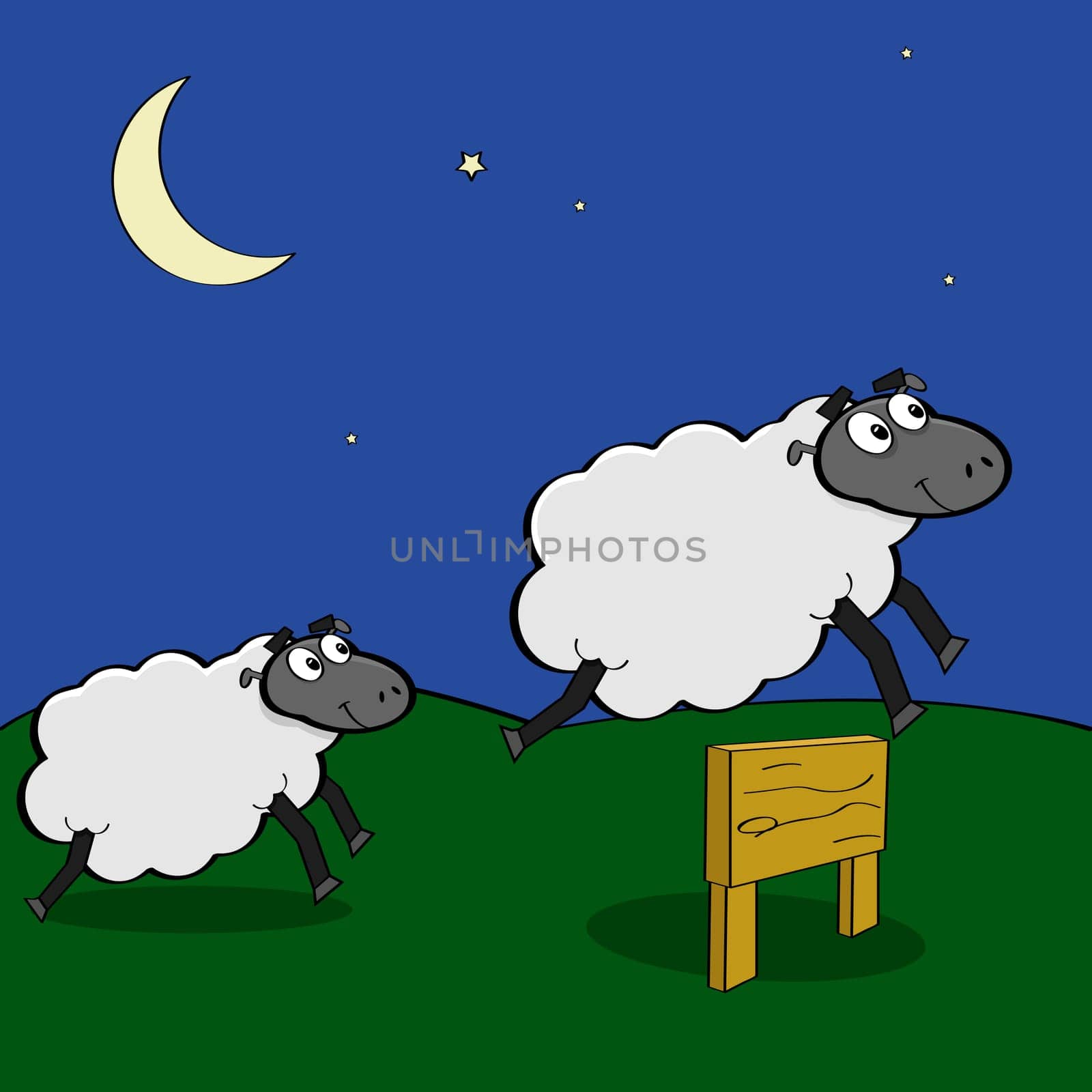 Cartoon illustration showing sheep jumping over a wooden fence at night