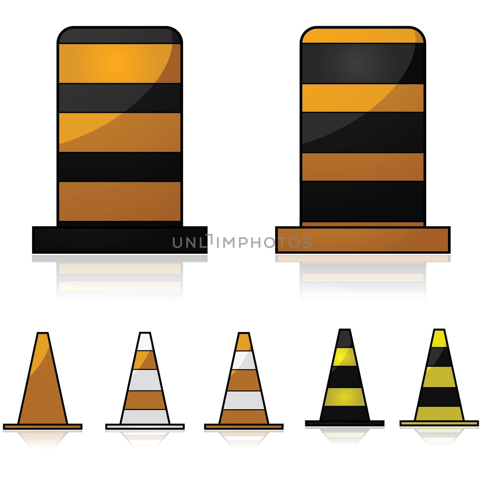 Glossy illustration showing traffic and construction cones in different colors