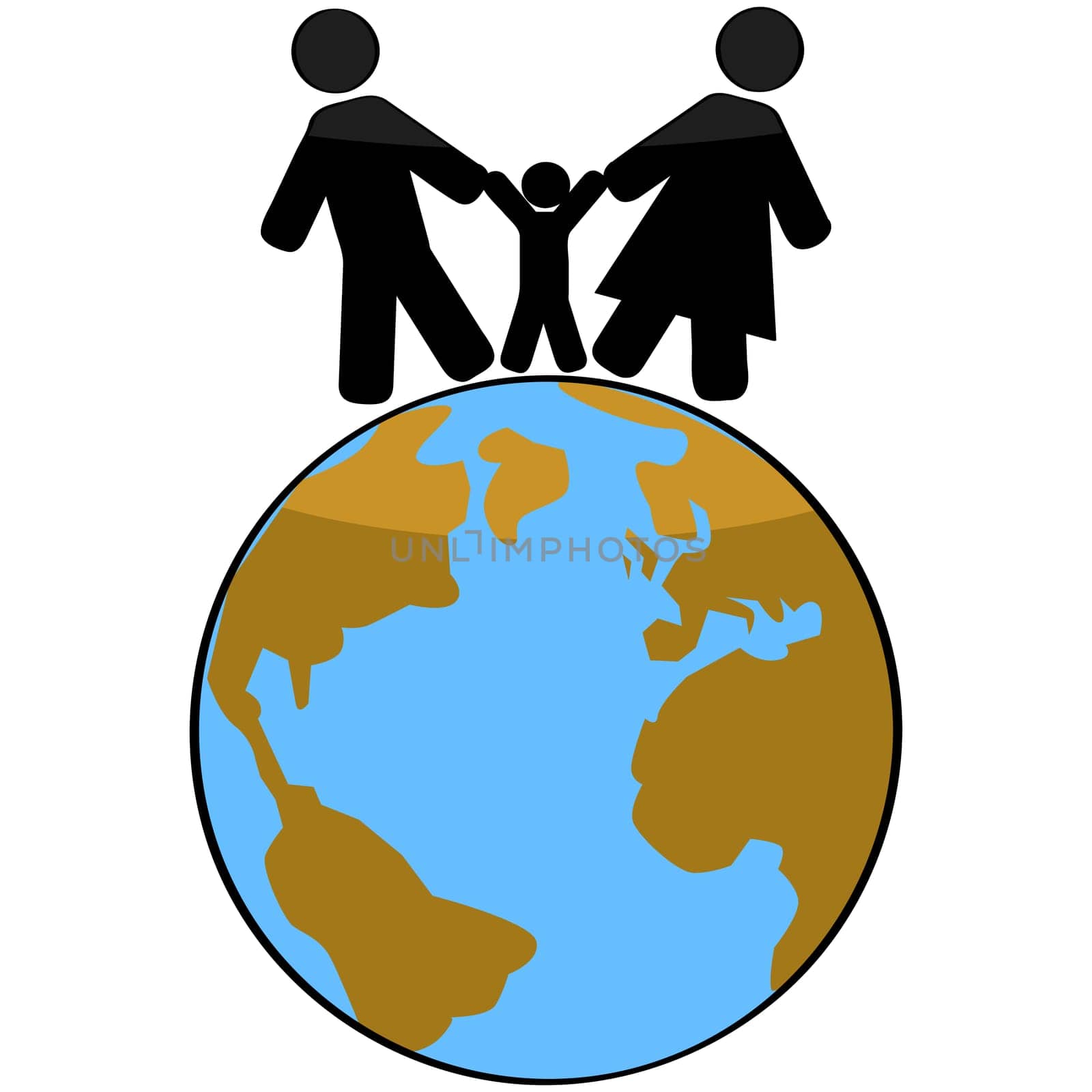 Concept cartoon illustration showing a family on top of planet Earth