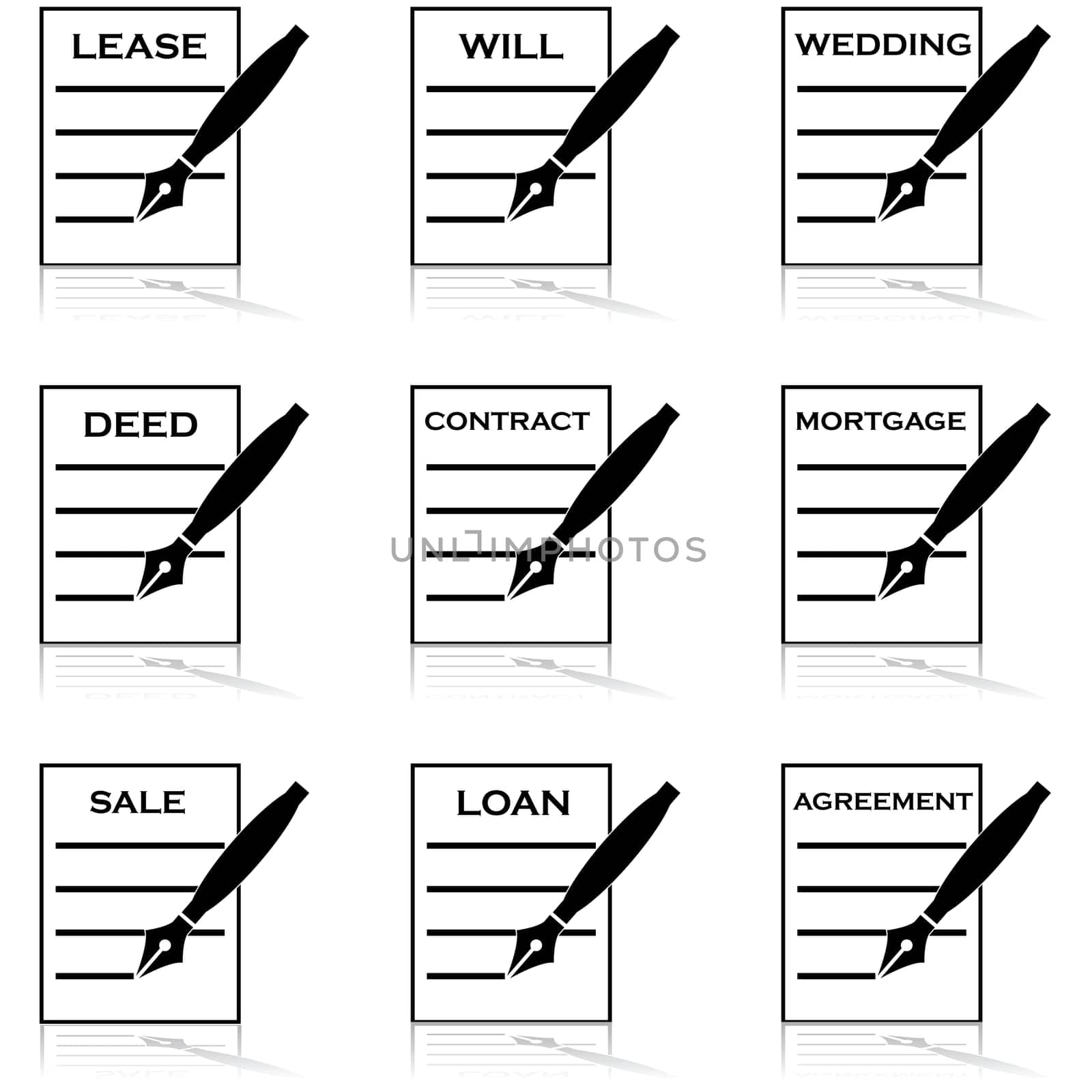 Icon set showing different types of documents being signed