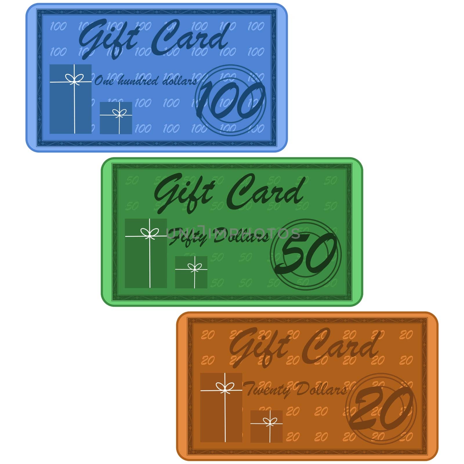 Illustration of retro style gift cards for twenty, fifty or one hundred dollars