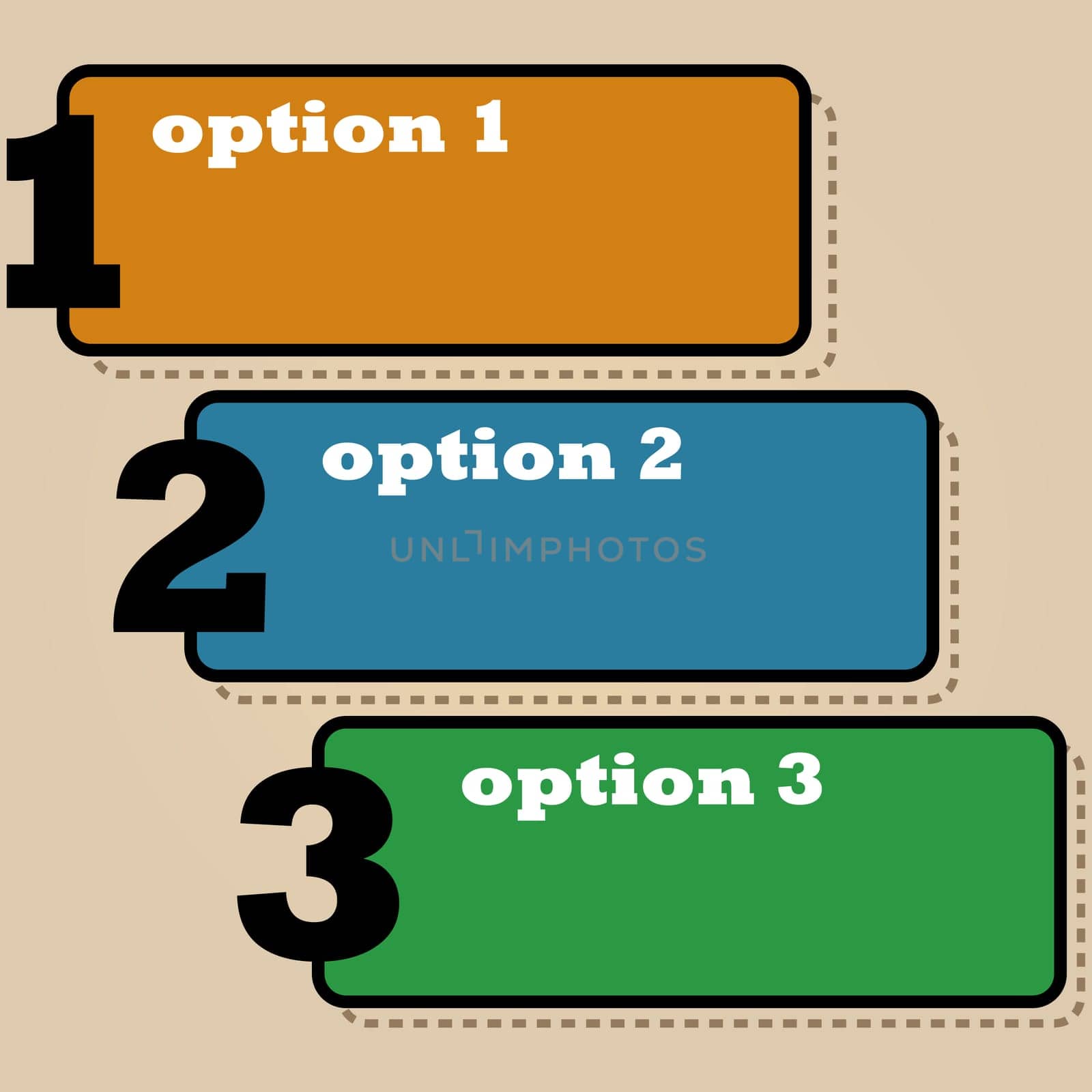 Template showing boxes in three different colors for lists with three different options