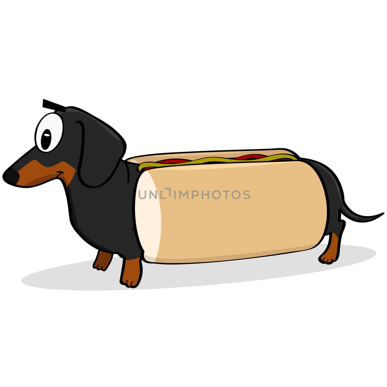 Cartoon illustration showing a dachshund dog inside a hot dog bun with ketchup and mustard on top of it