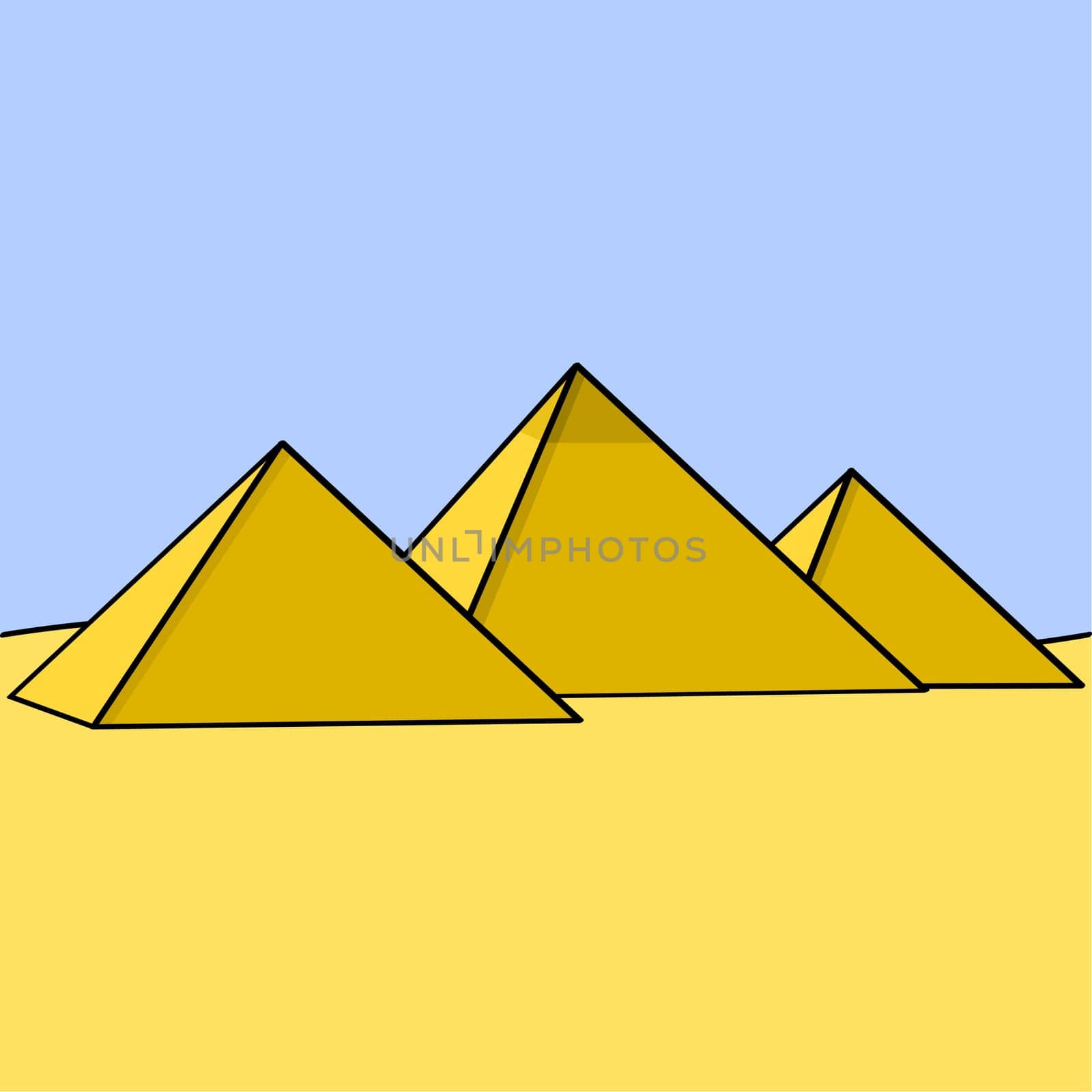 Cartoon illustration showing three Egyptian pyramids in the middle of the desert