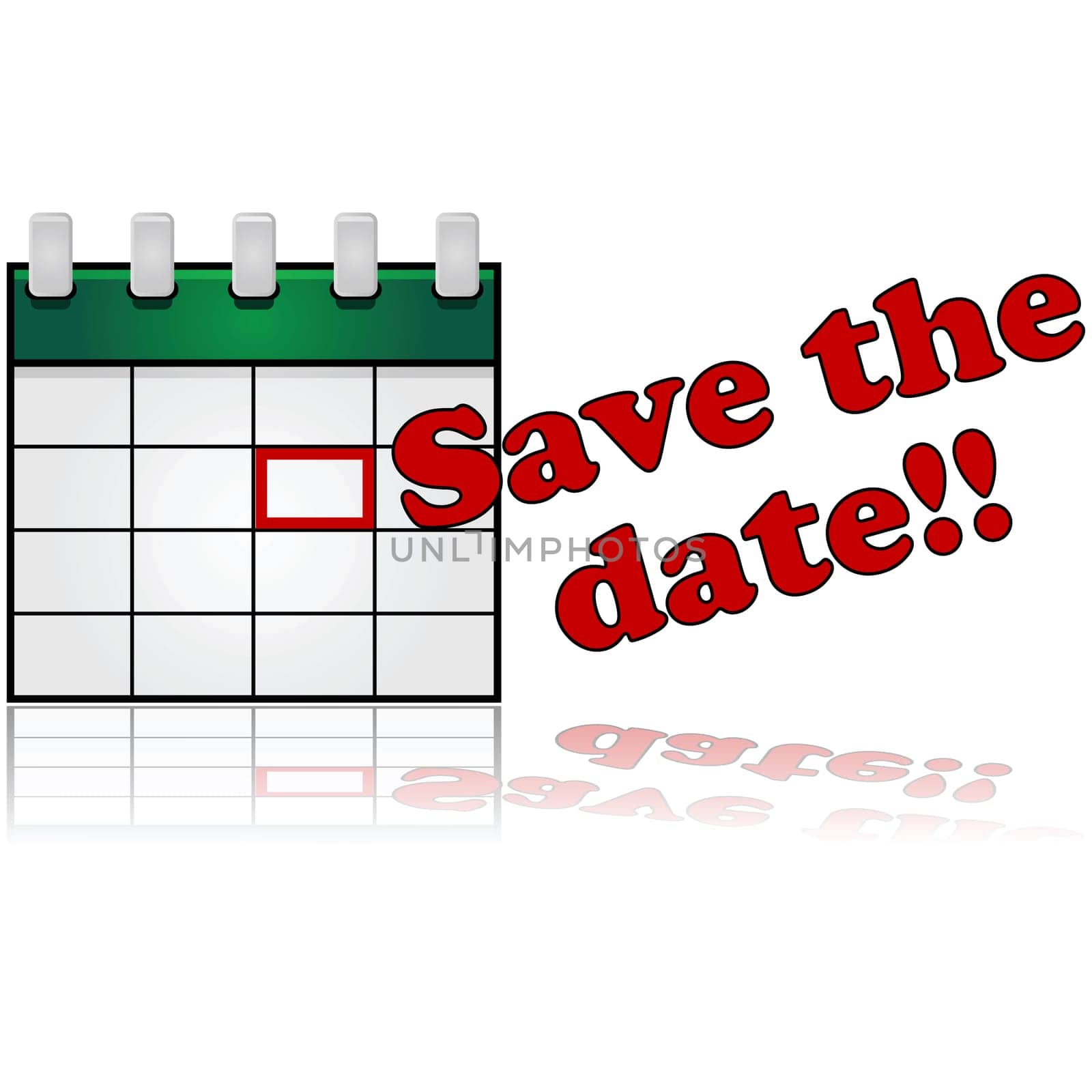 Icon showing a calendar with a date marked in red and the words "Save the Date"" beside it"