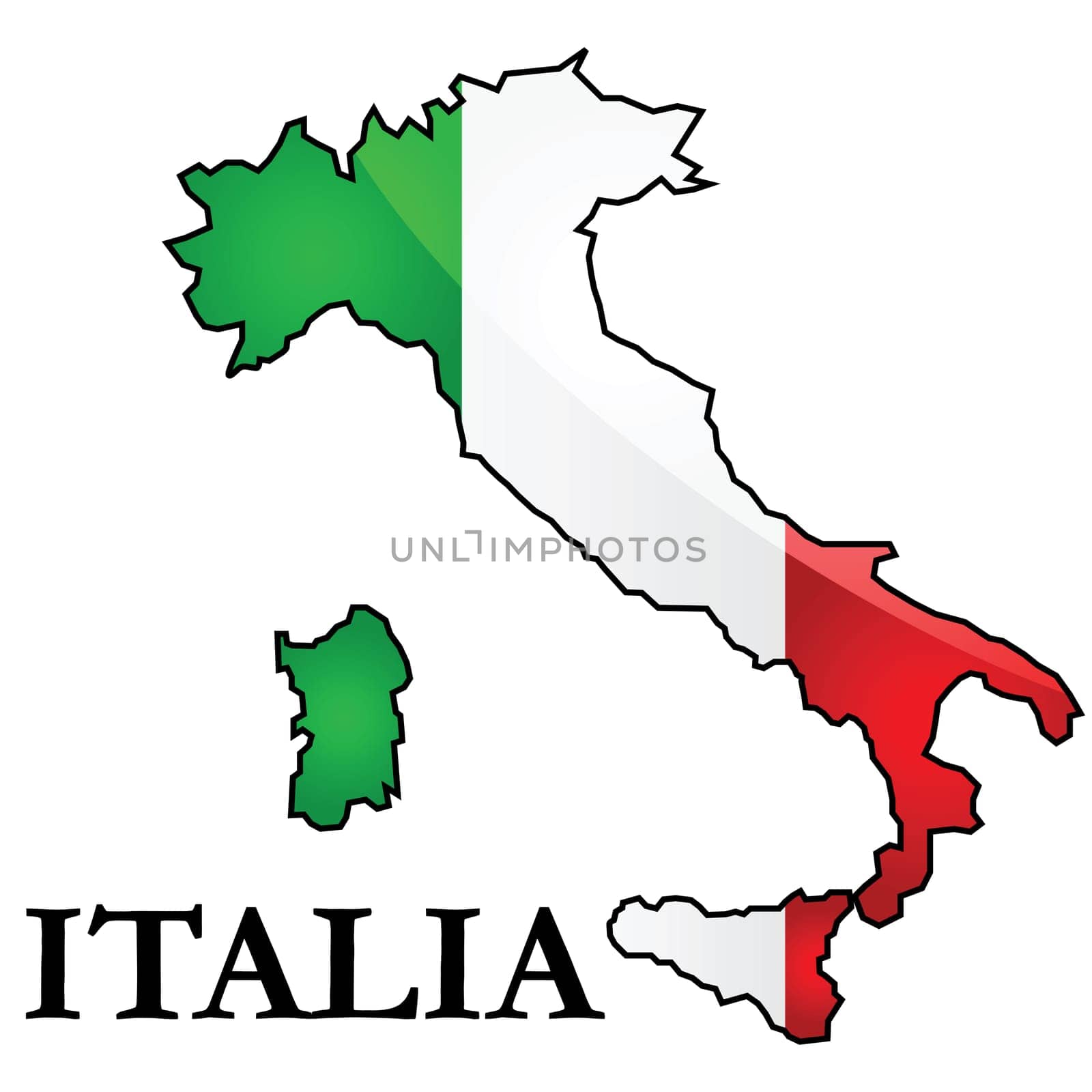 Glossy illustration showing the flag of Italy placed on top of the country's map.