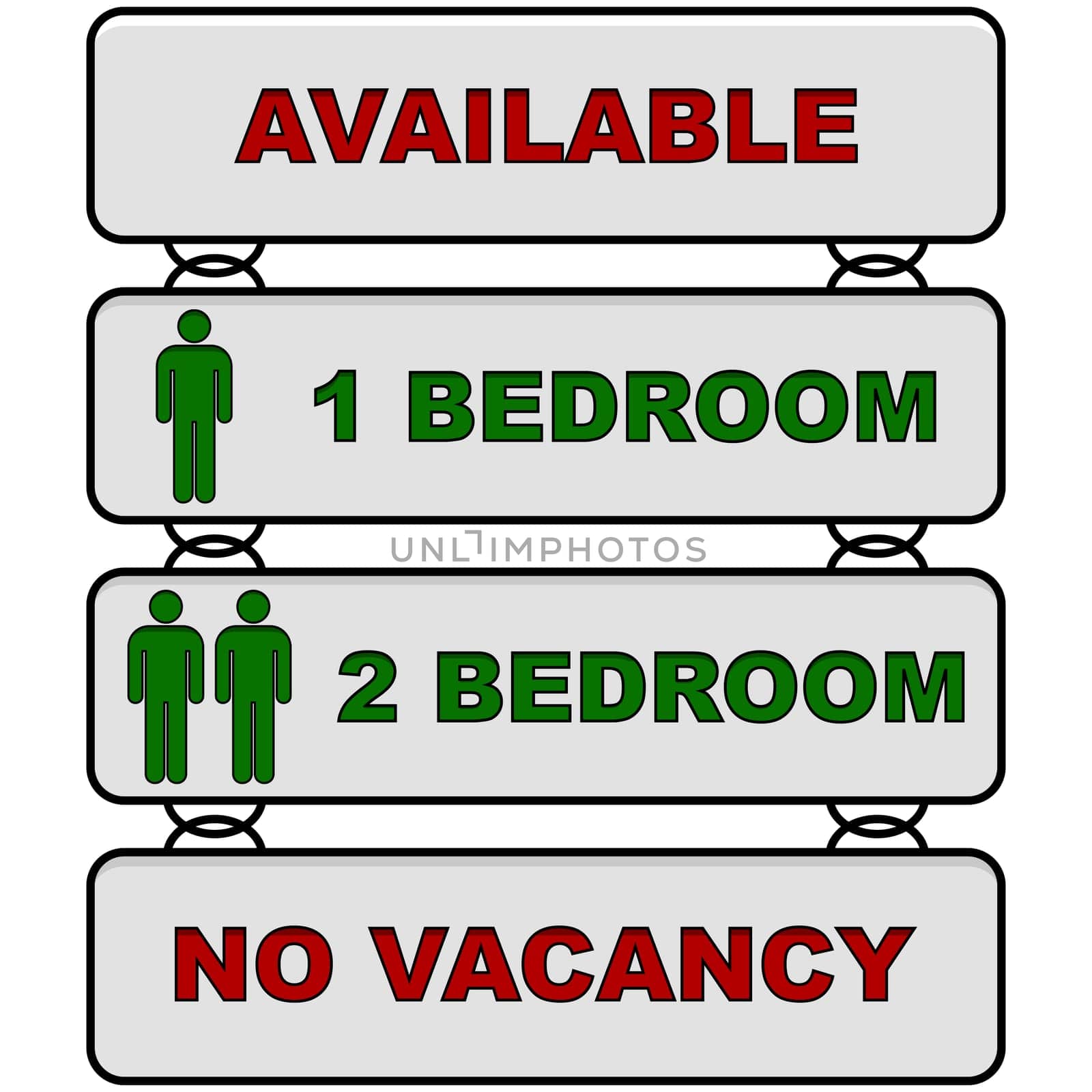 Glossy illustration showing the information panel for a rental building, displaying types of units available