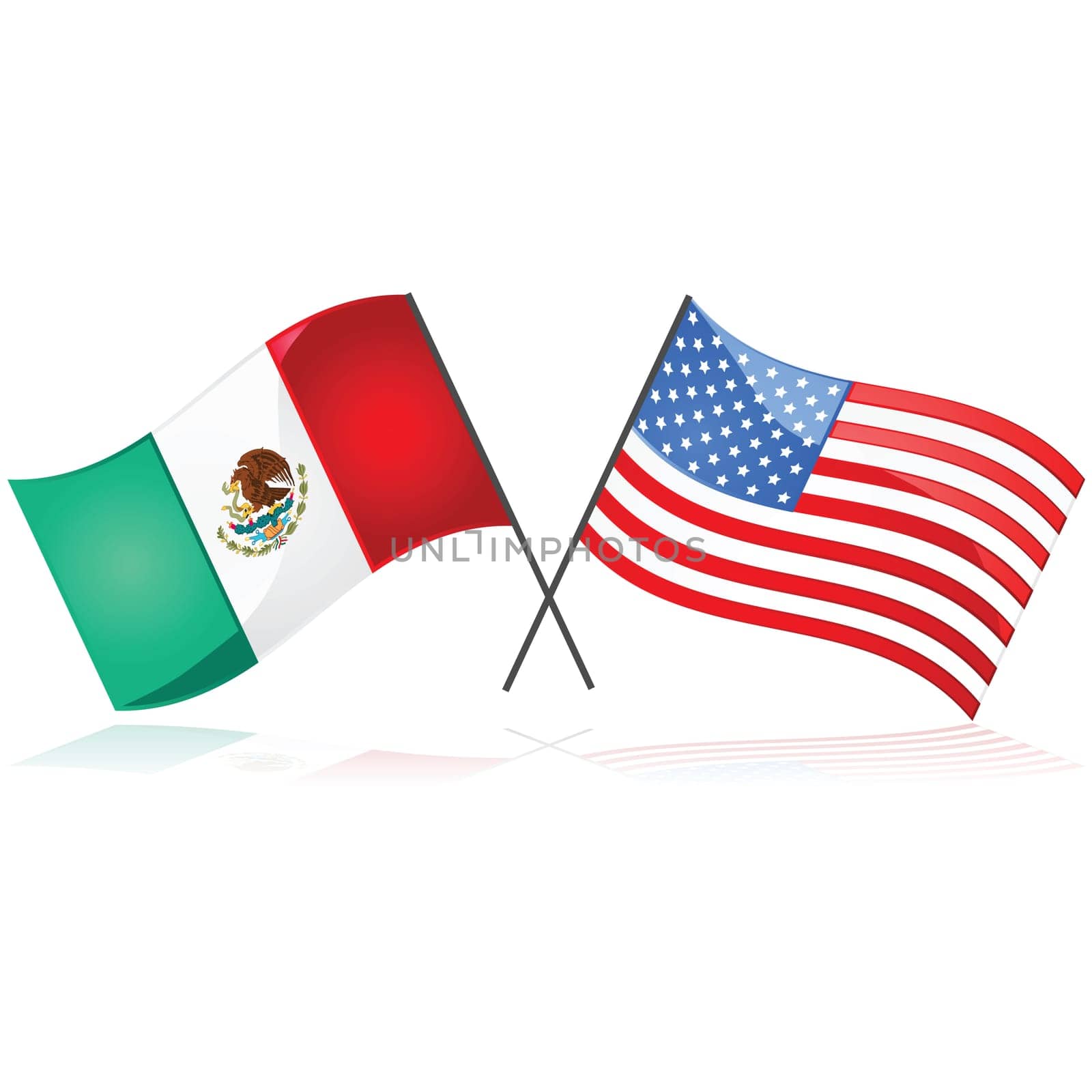 Glossy illustration showing the flag of Mexico beside the flag of the United States of America